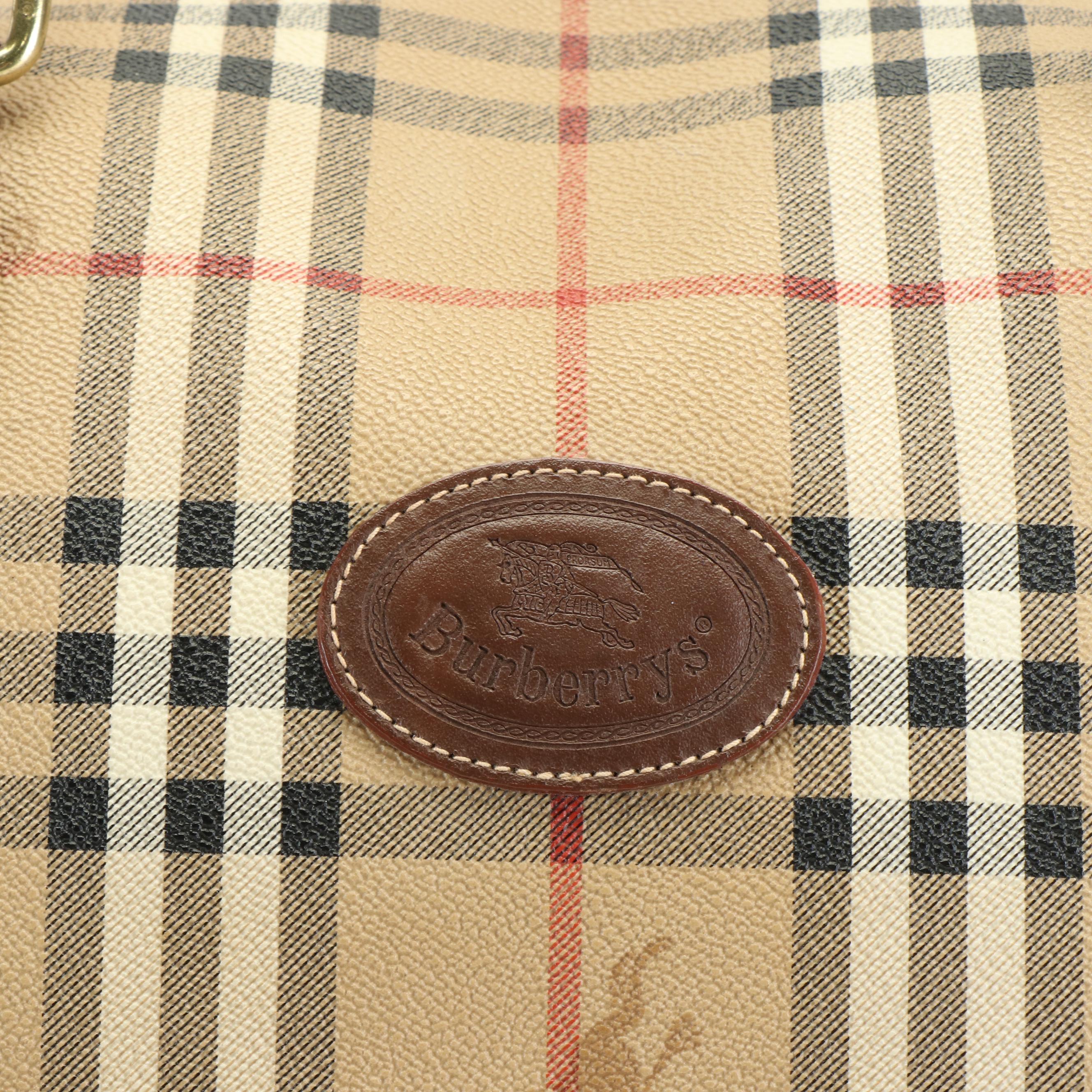 Burberry Boston Bag in Haymarket Check Coated Canvas and Brown Leather Trim