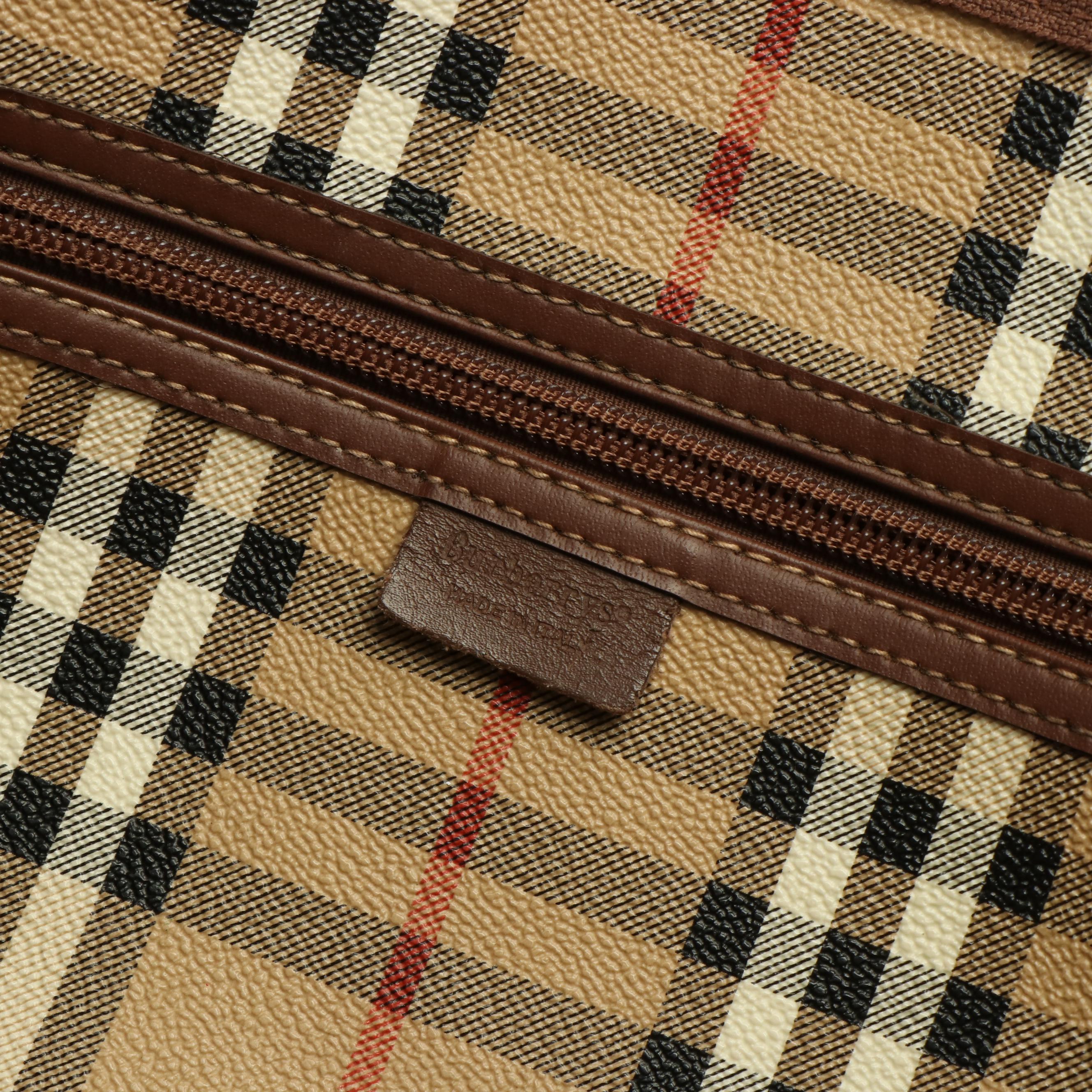 Burberry Boston Bag in Haymarket Check Coated Canvas and Brown Leather Trim