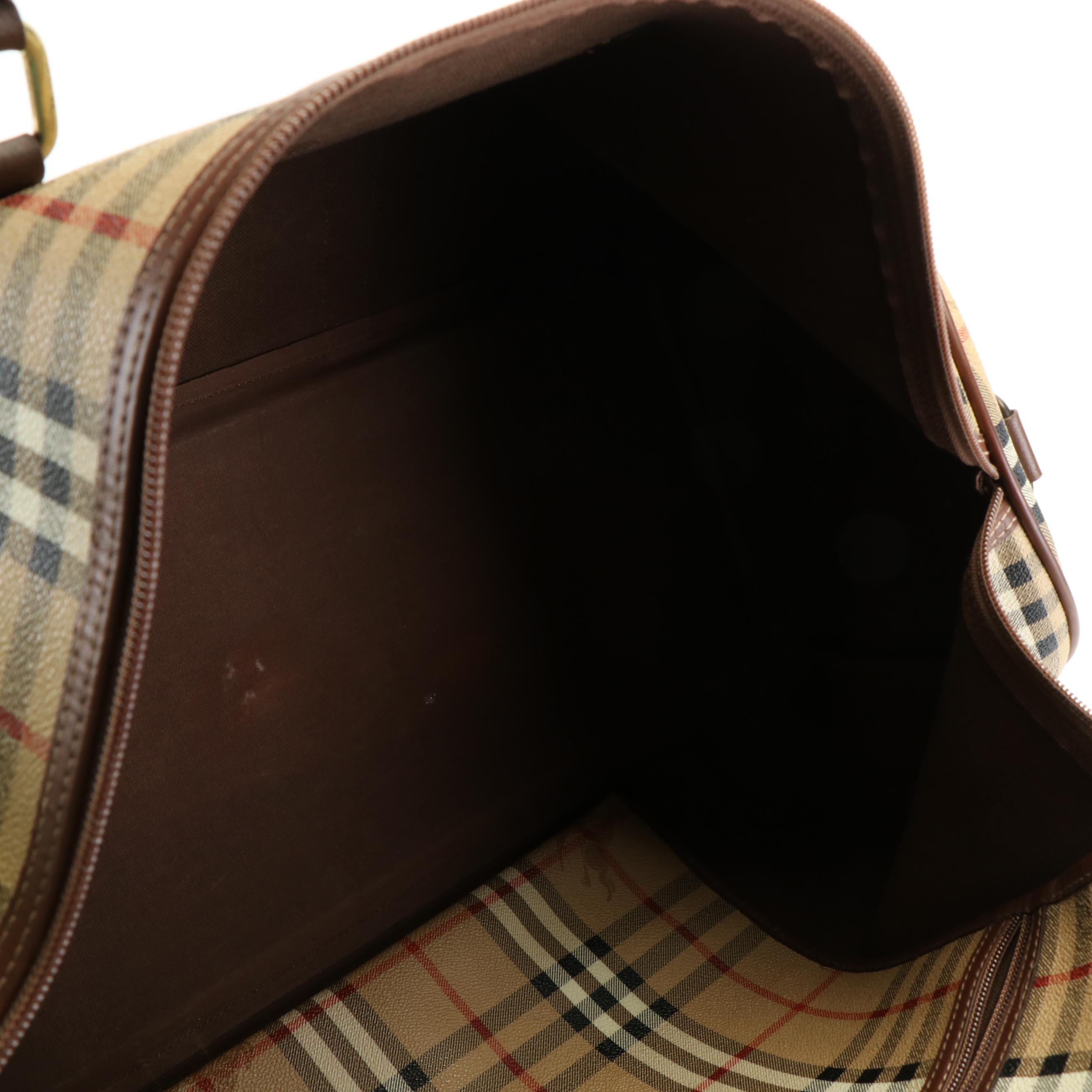 Burberry Boston Bag in Haymarket Check Coated Canvas and Brown Leather Trim