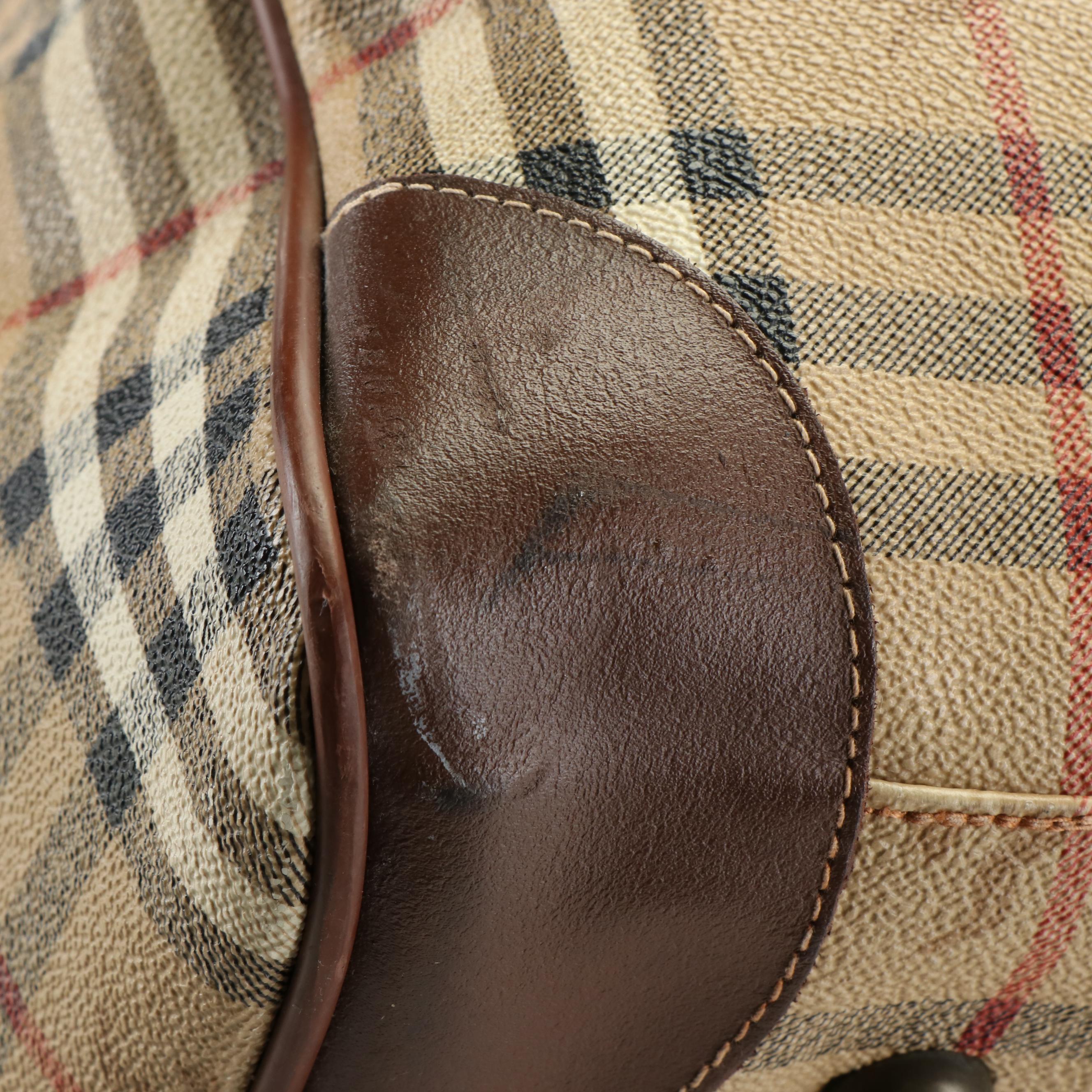 Burberry Boston Bag in Haymarket Check Coated Canvas and Brown Leather Trim