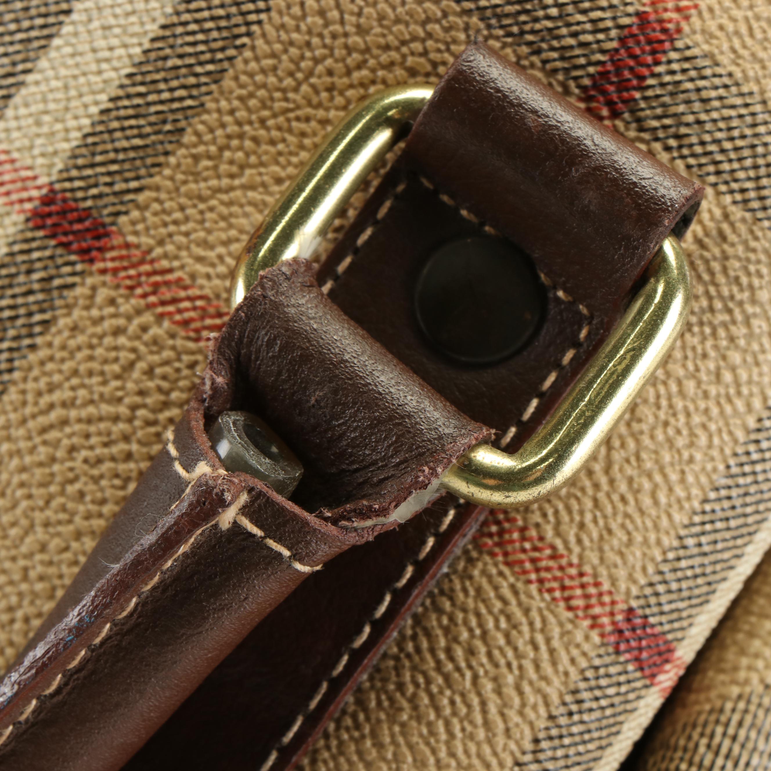 Burberry Boston Bag in Haymarket Check Coated Canvas and Brown Leather Trim