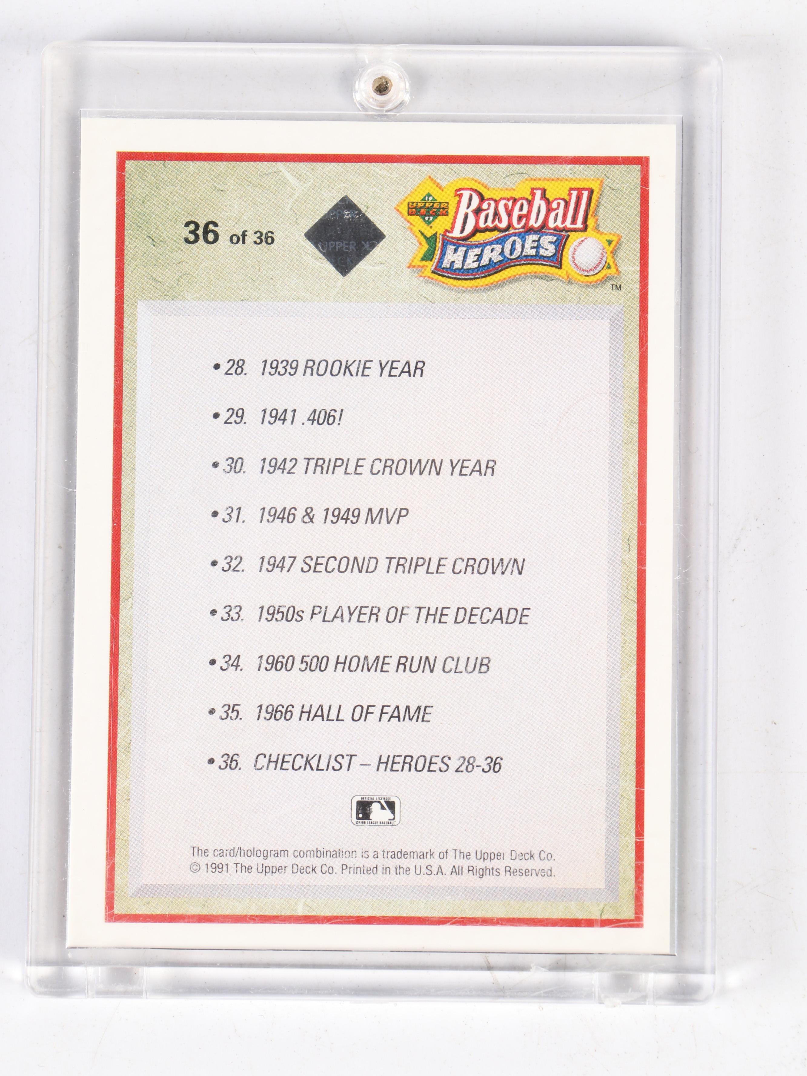 1991 Upper Deck Ted Williams Signed Baseball Card #ed 2352/2500