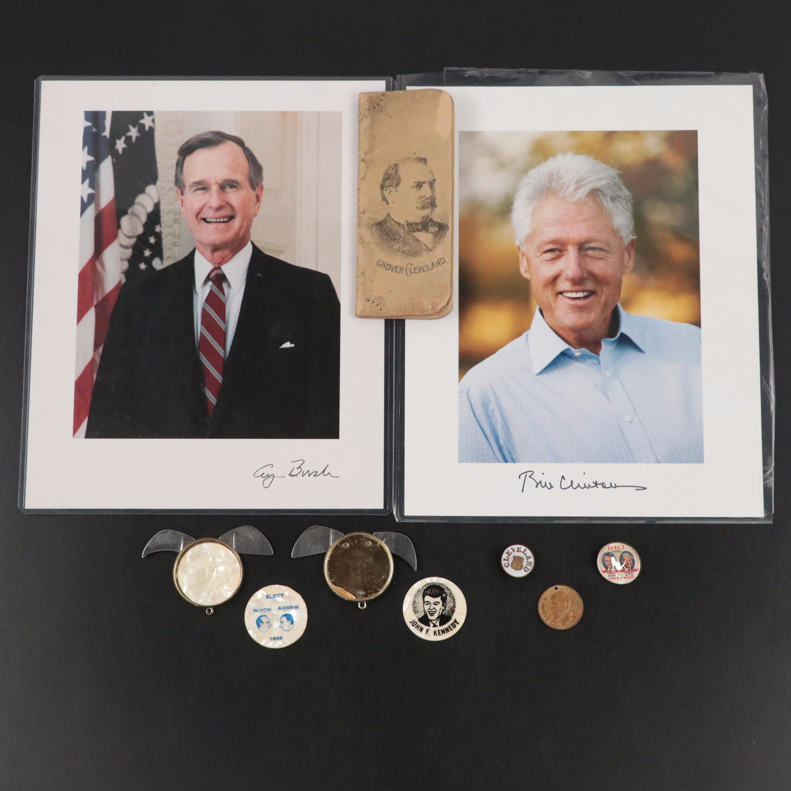 Bill Clinton and George H.W. Bush Signed Prints with Vintage Campaign Pins, More