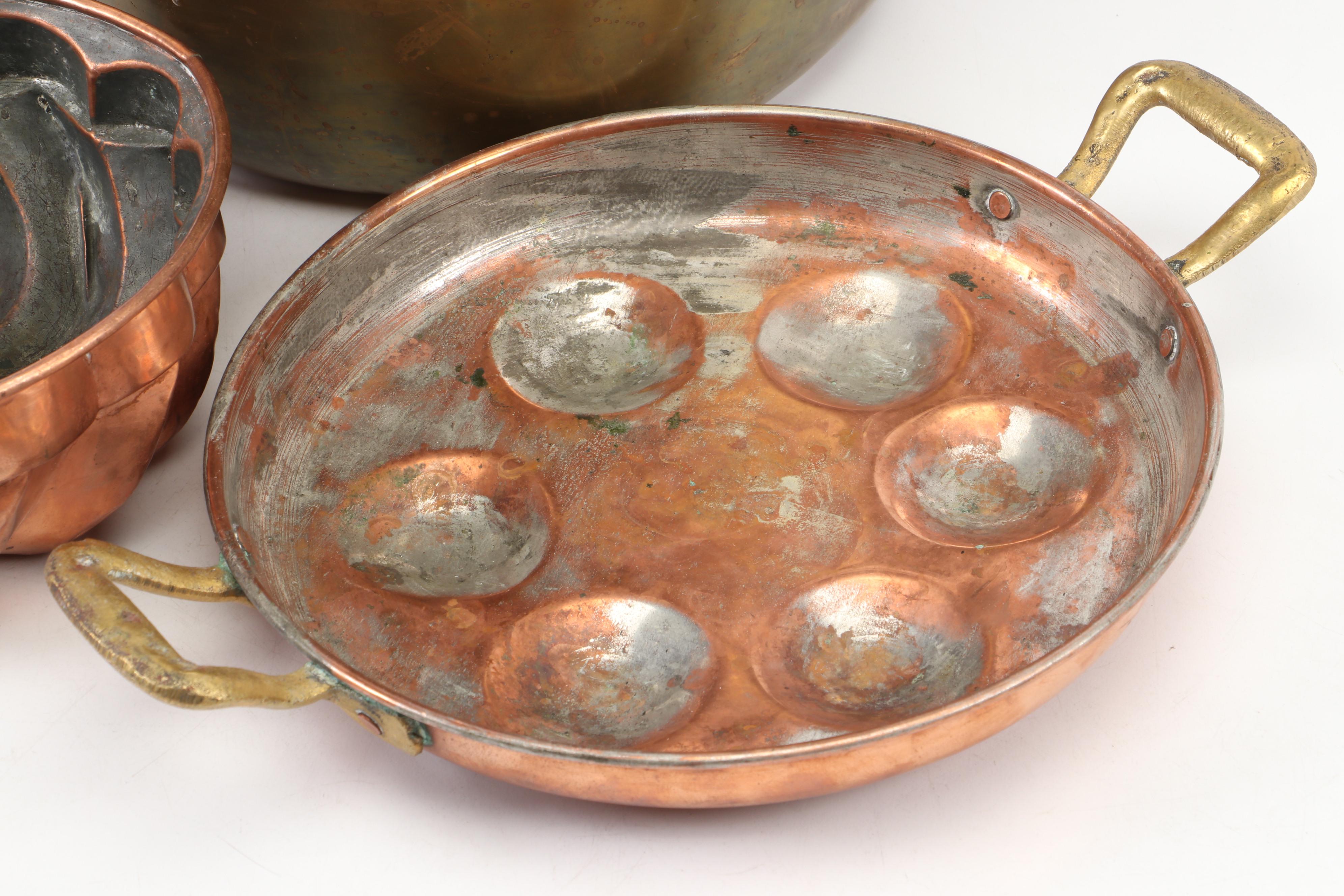 Brass Pot with Williamsburg Queen Anne Trivet and Copper Clad Pans EBTH