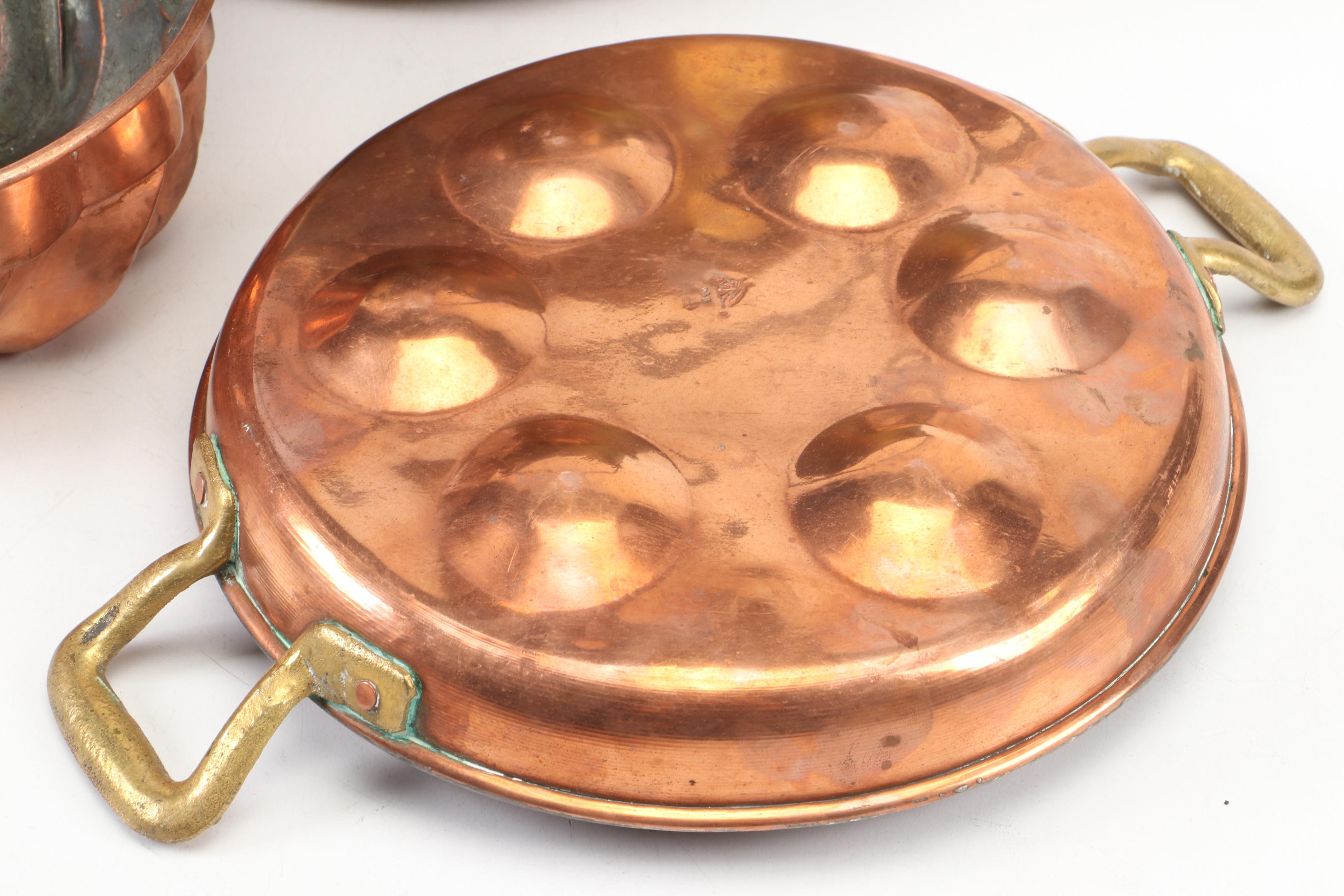 Brass Pot with Williamsburg Queen Anne Trivet and Copper Clad Pans EBTH