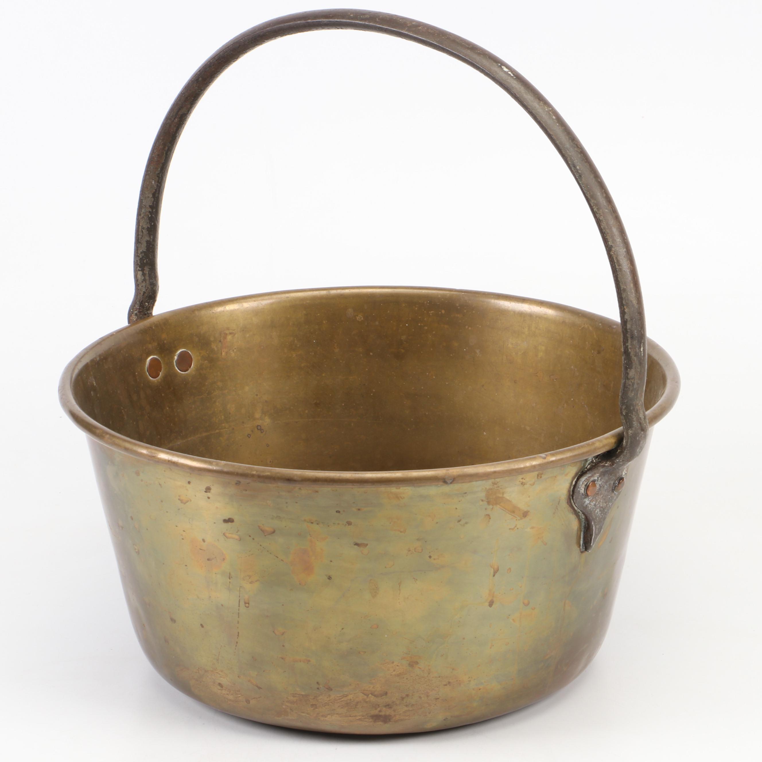Brass Pot with Williamsburg Queen Anne Trivet and Copper Clad Pans EBTH