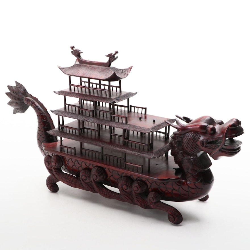 Chinese Carved Rosewood Dragon Boat