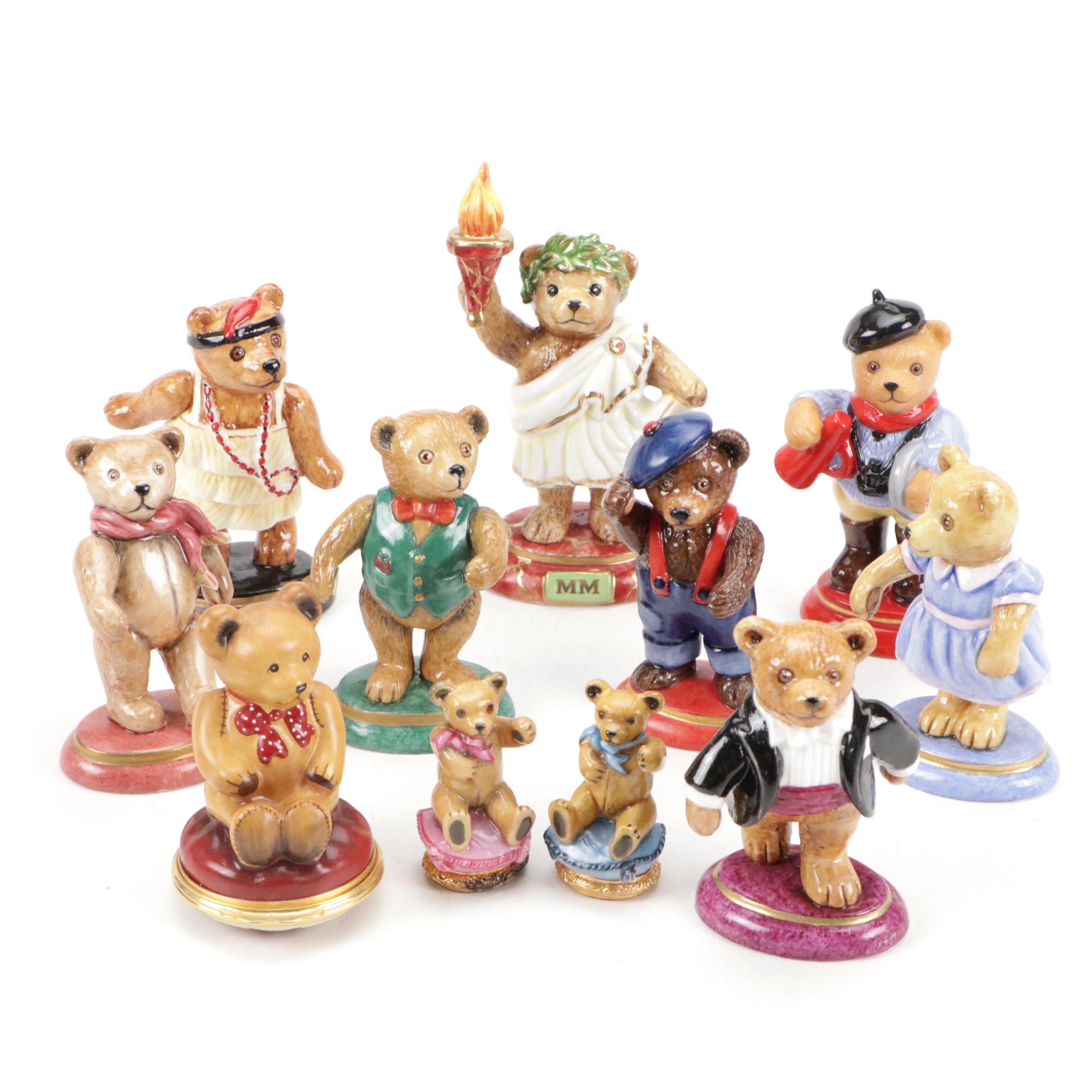 Halcyon Days Porcelain Bear Figurines and Boxes, Late 20th Century
