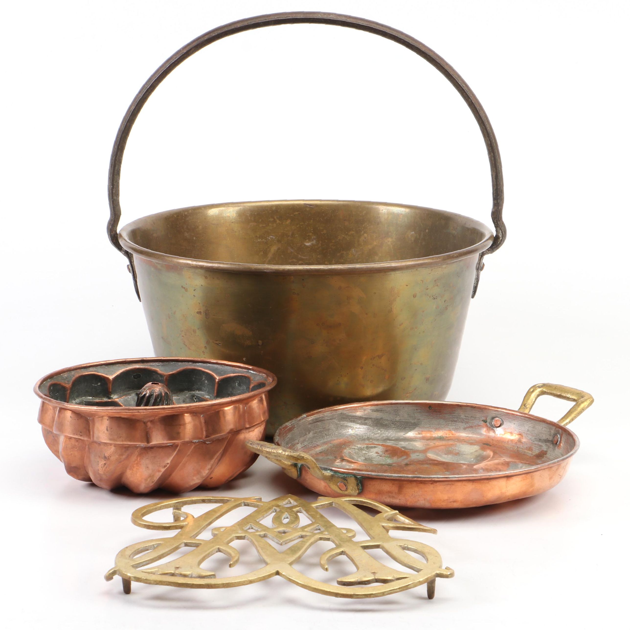 Brass Pot with Williamsburg Queen Anne Trivet and Copper Clad Pans EBTH