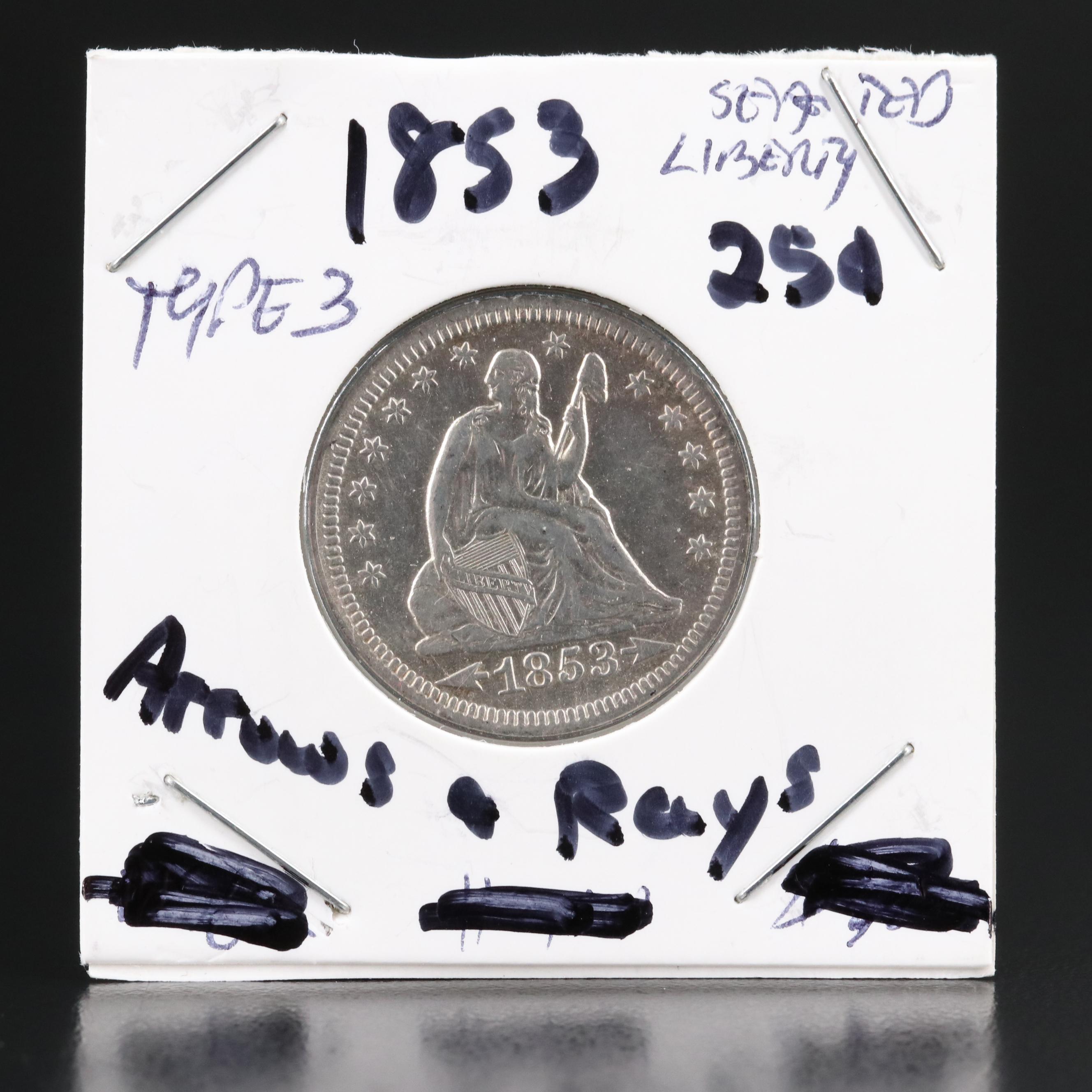 1853  With Arrows and Rays United States Silver Liberty Seated Quarter