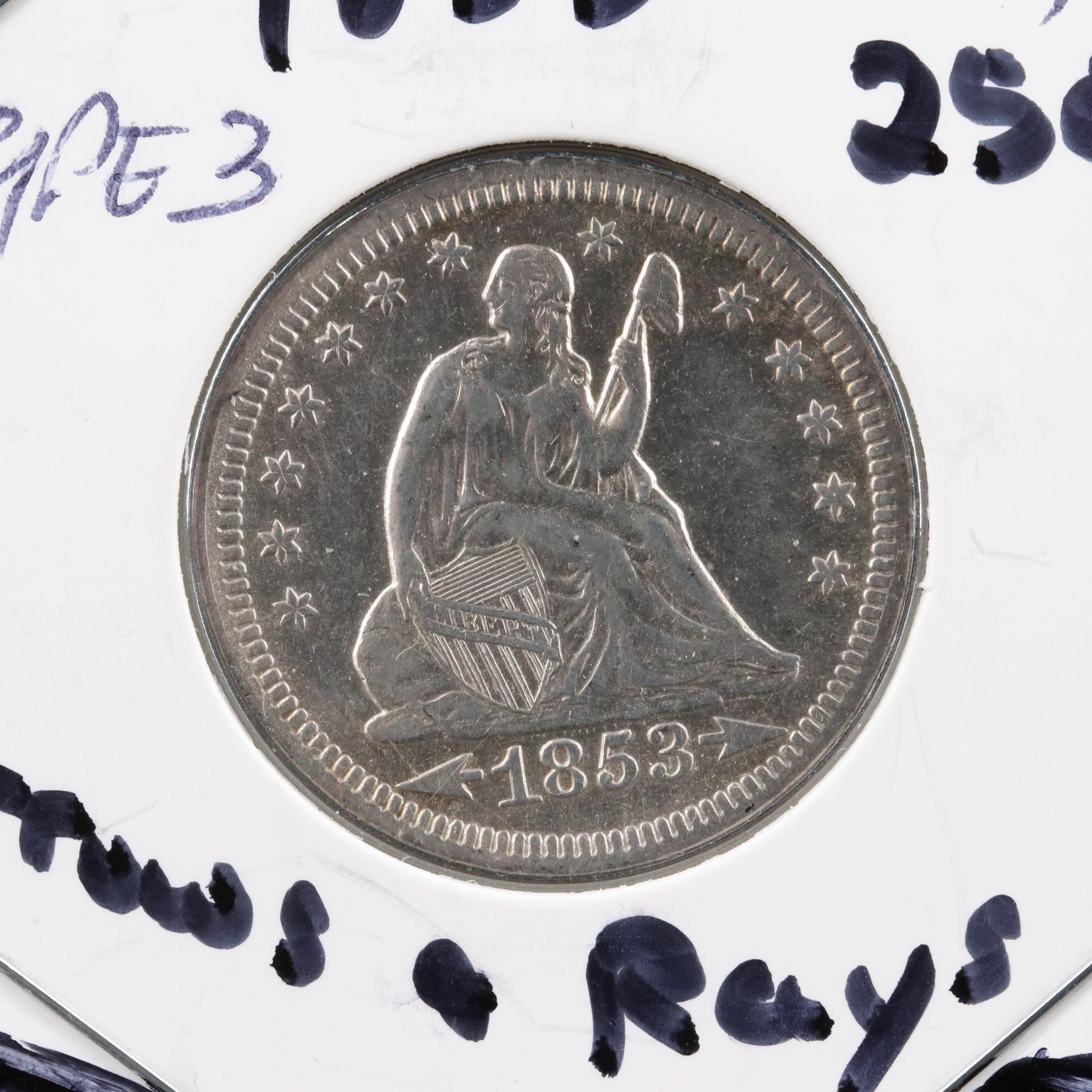 1853  With Arrows and Rays United States Silver Liberty Seated Quarter