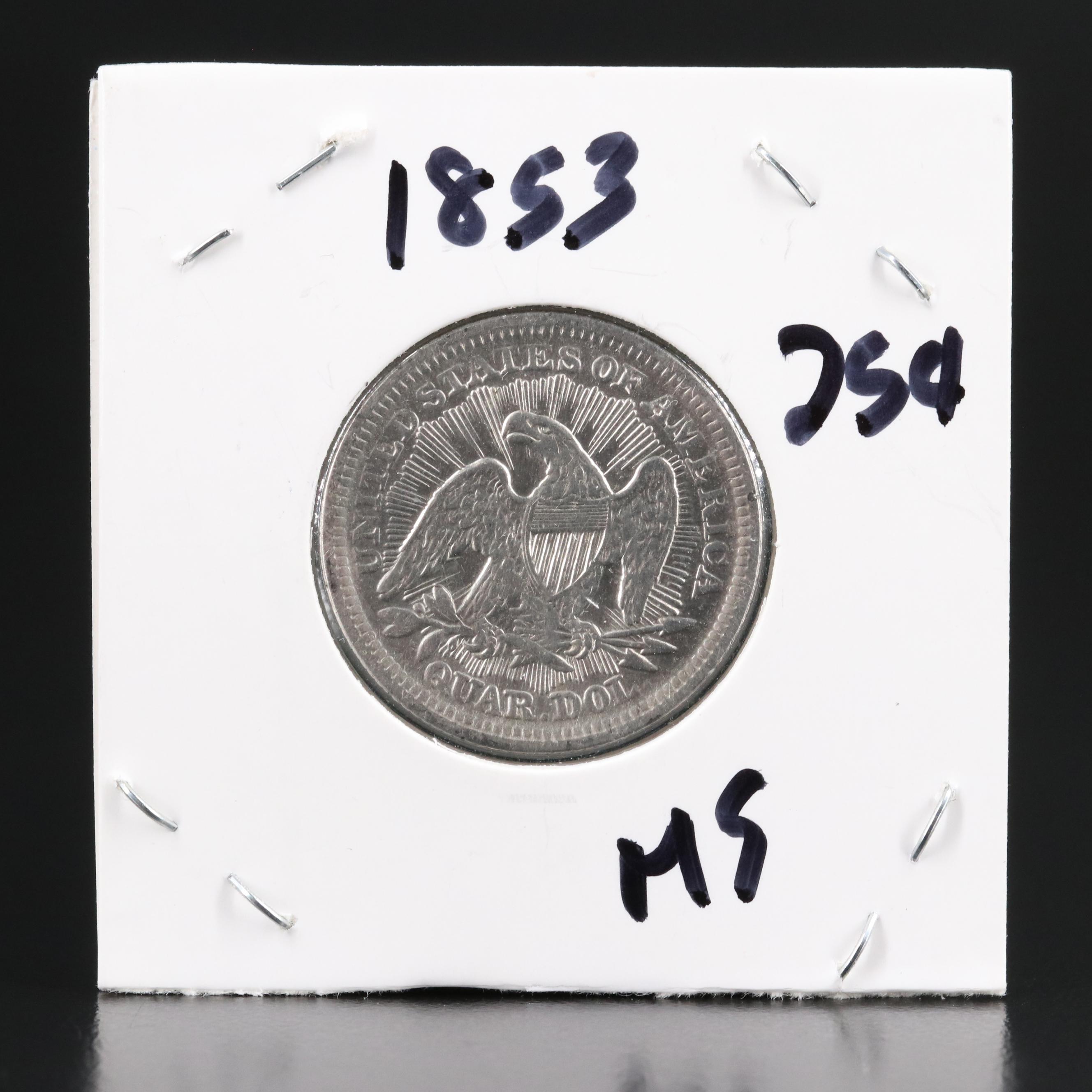 1853  With Arrows and Rays United States Silver Liberty Seated Quarter