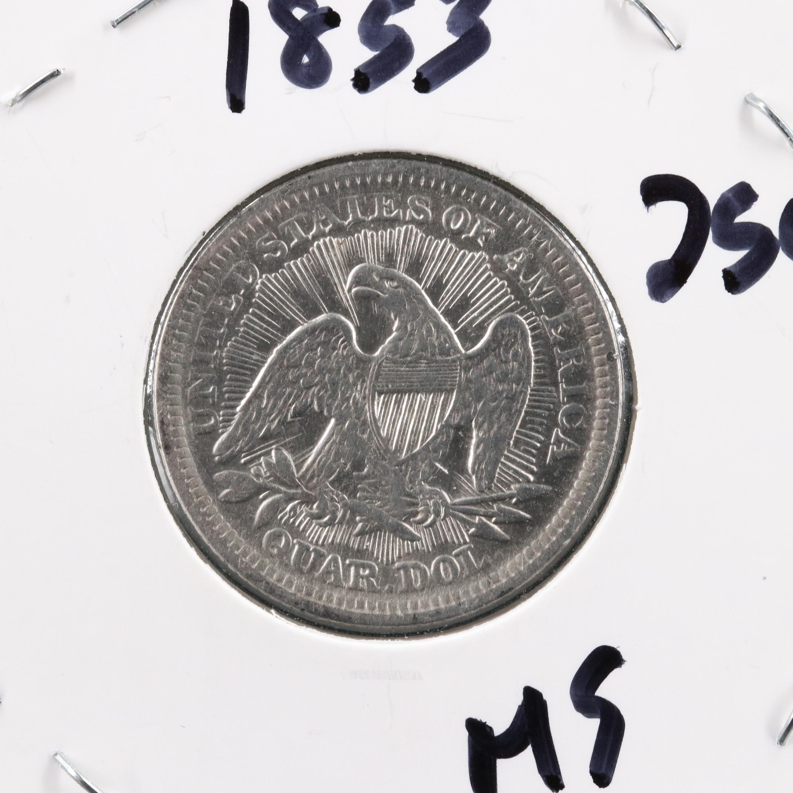 1853  With Arrows and Rays United States Silver Liberty Seated Quarter