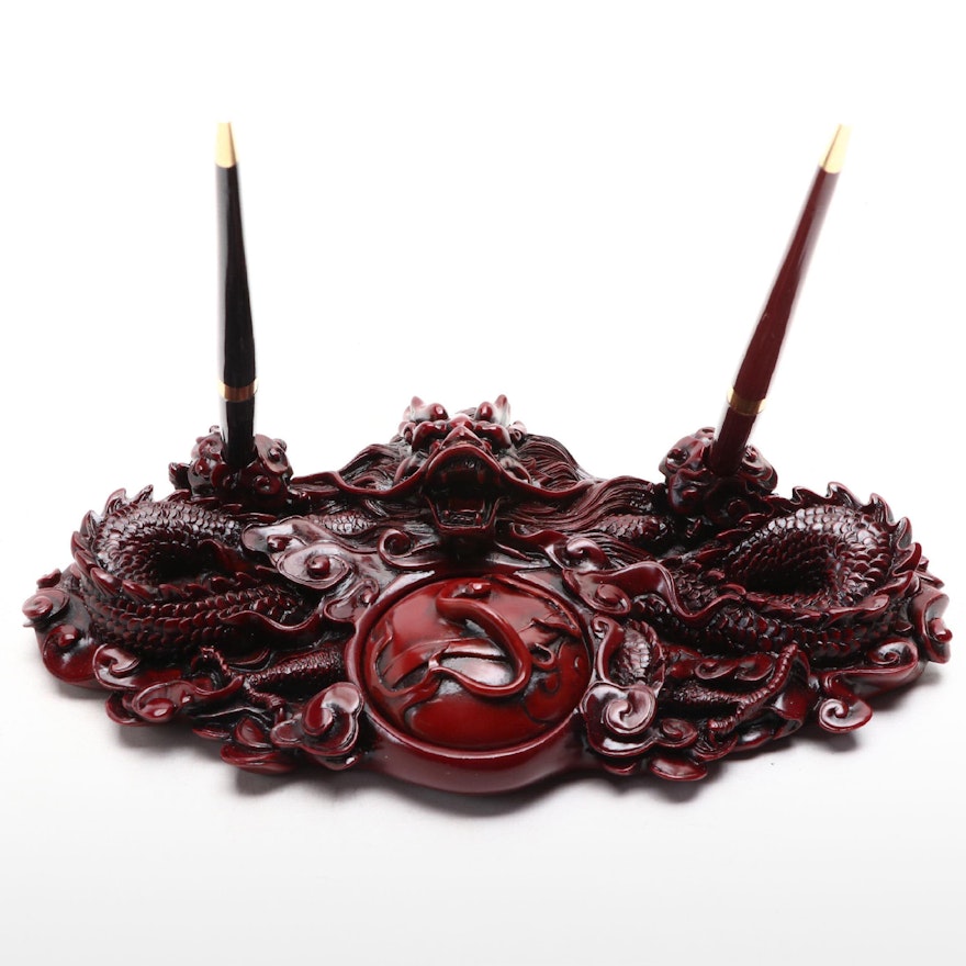 Chinese Faux Cinnabar Dragon Pen Rest and Inkwell