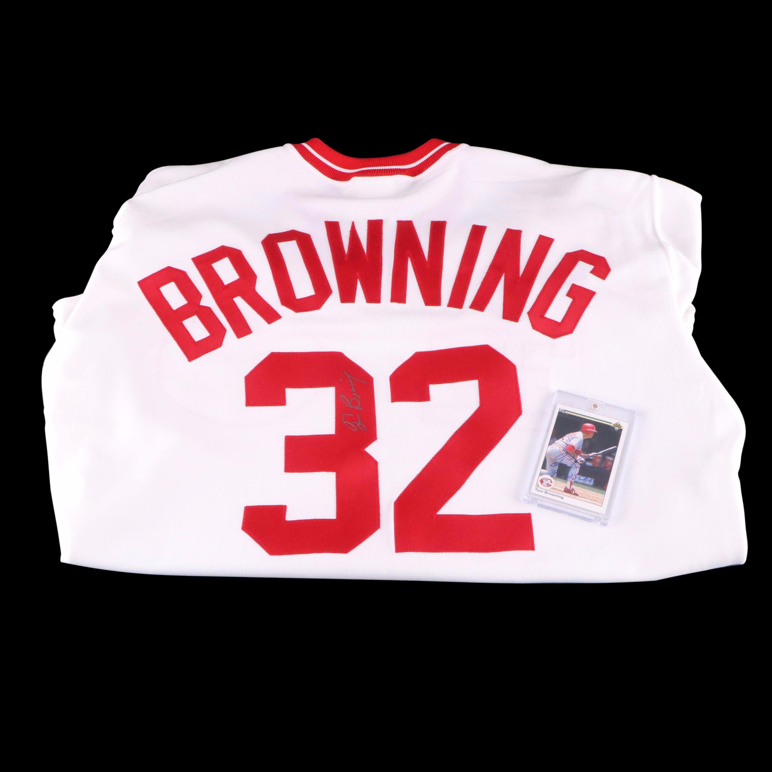 Tom Browning Signed Cincinnati Reds Rawlings Jersey and UD Baseball