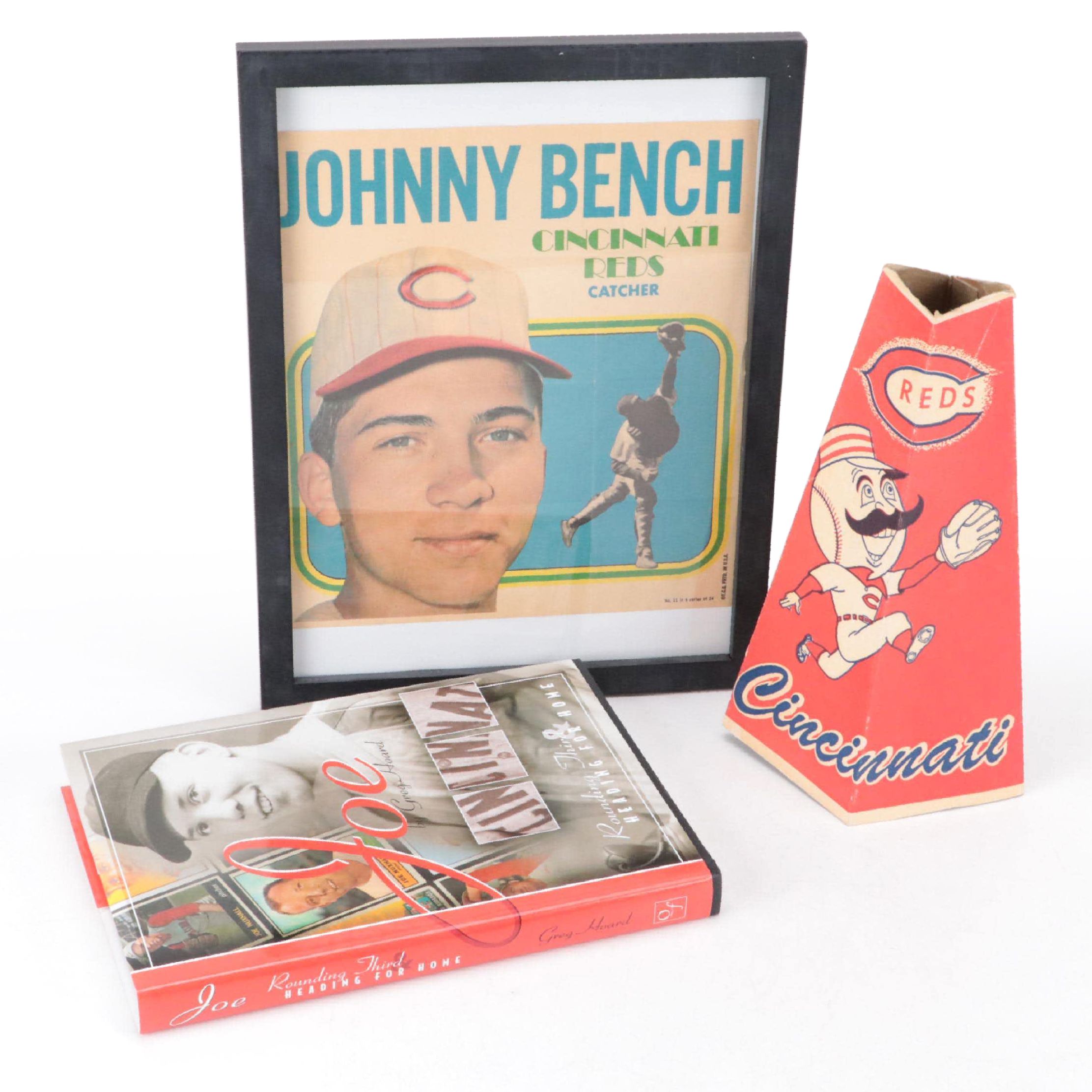 Joe Nuxhall and Greg Hoard Signed Book with 1970 Topps Johnny Bench Poster More