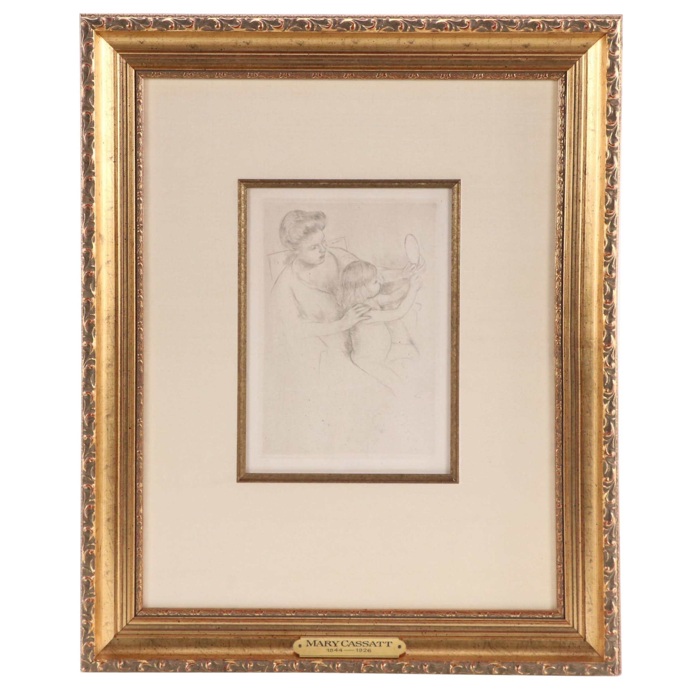 Mary Cassatt Drypoint Etching "Looking Into the Hand Mirror"