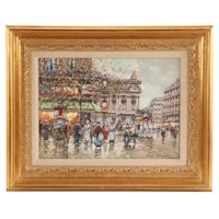 Antoine Blanchard Parisian Cityscape Oil Painting "Le Cafe de la Paix"