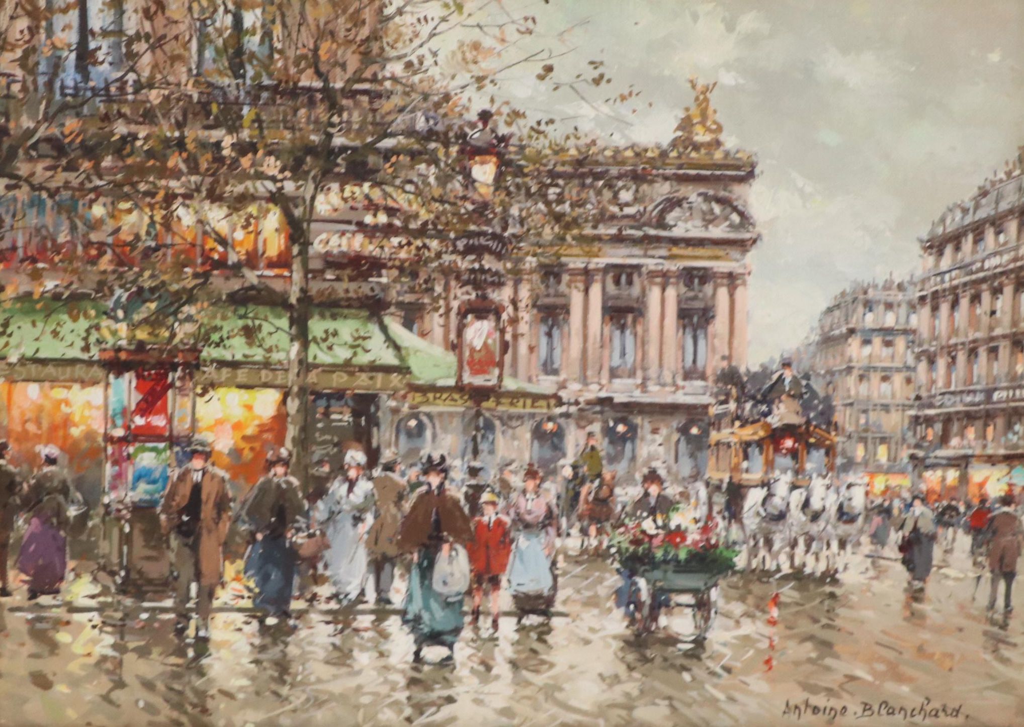 Antoine Blanchard Parisian Cityscape Oil Painting "Le Cafe de la Paix"