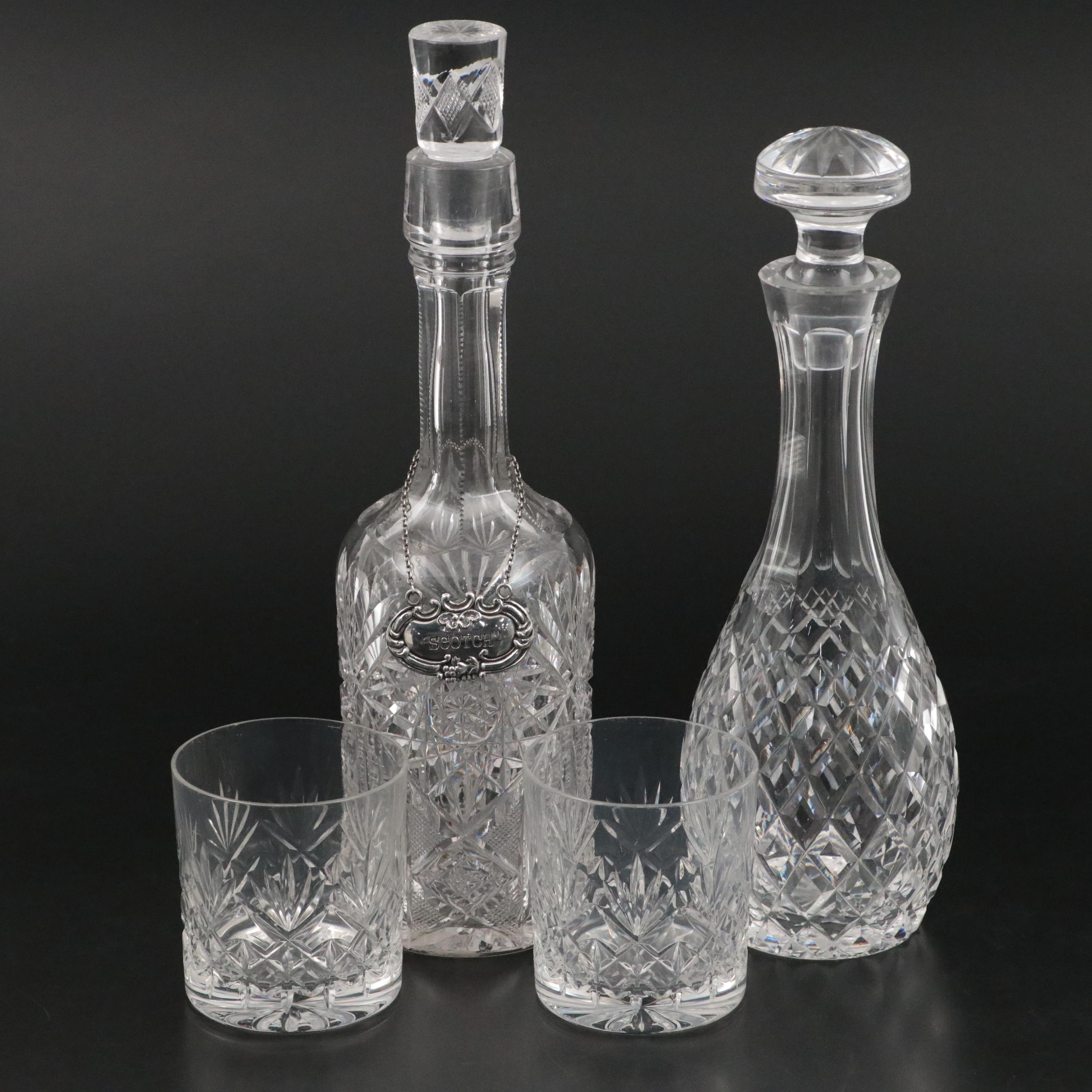 Ajka Crystal Old Fashioned Glasses with Waterford and Other Crystal Decanters