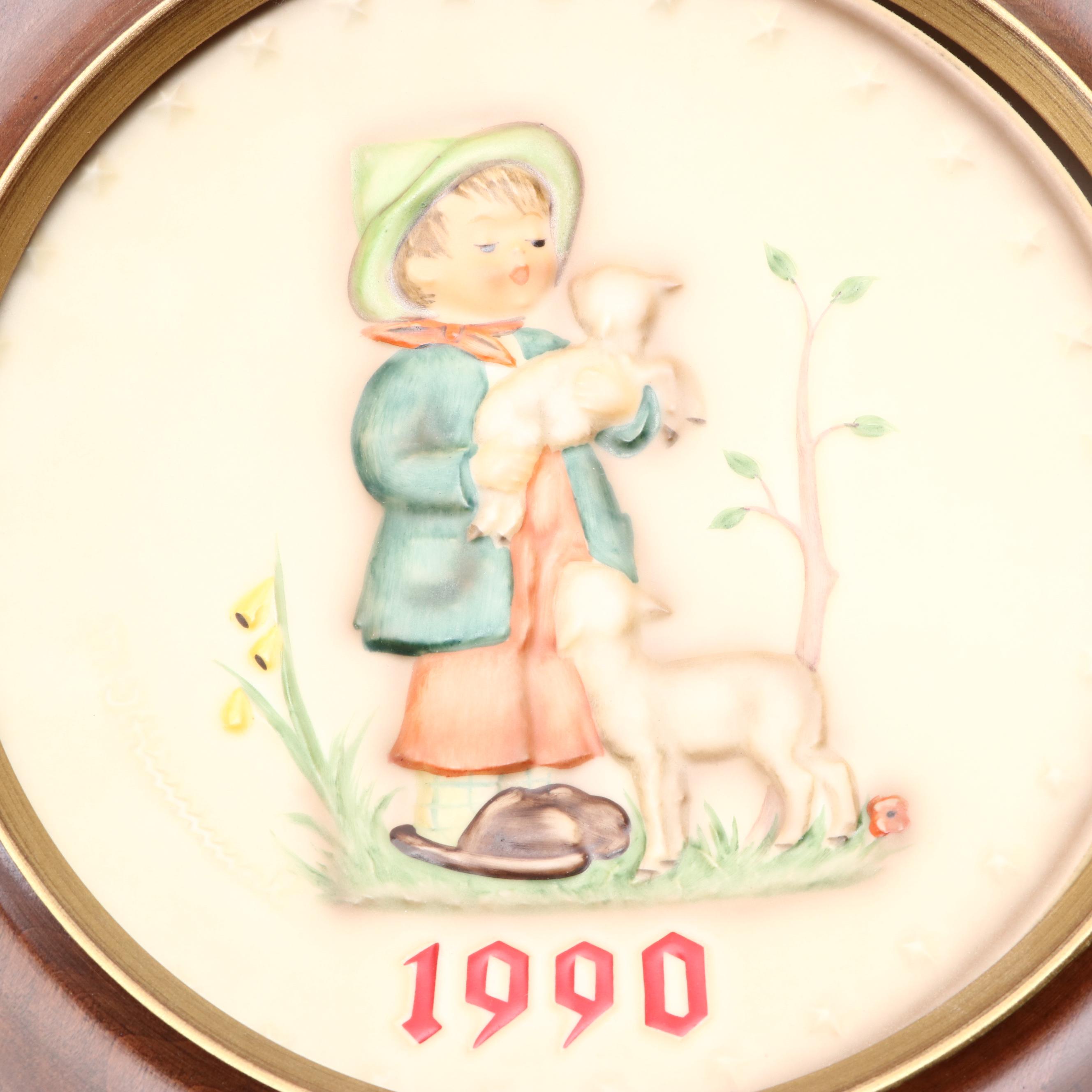Goebel Hummel Annual Porcelain Plates in Round Gilt Wood Frames, 1986-1991