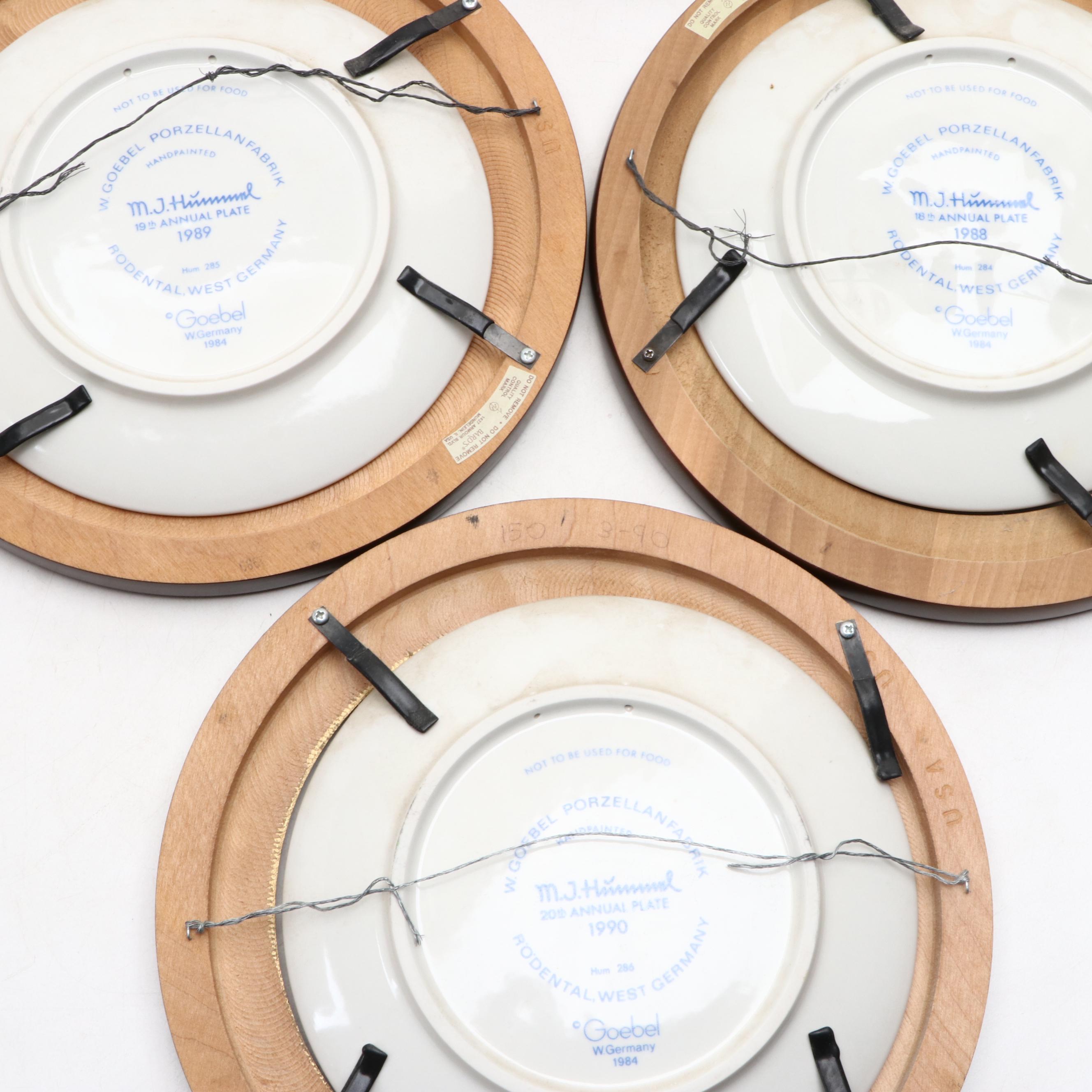 Goebel Hummel Annual Porcelain Plates in Round Gilt Wood Frames, 1986-1991