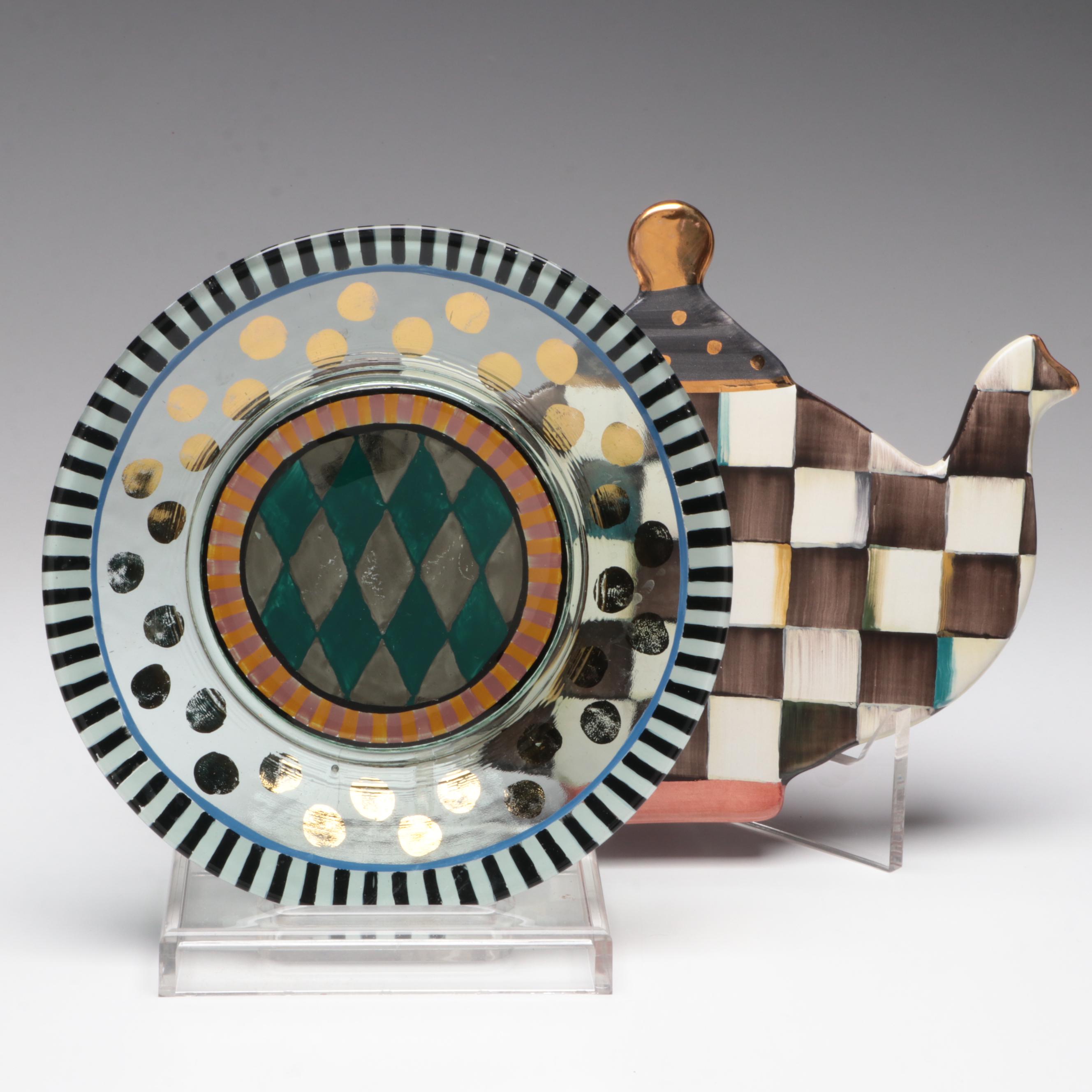 MacKenzie-Childs "Courtly Check" Teapot Trivet and Cheese Plate