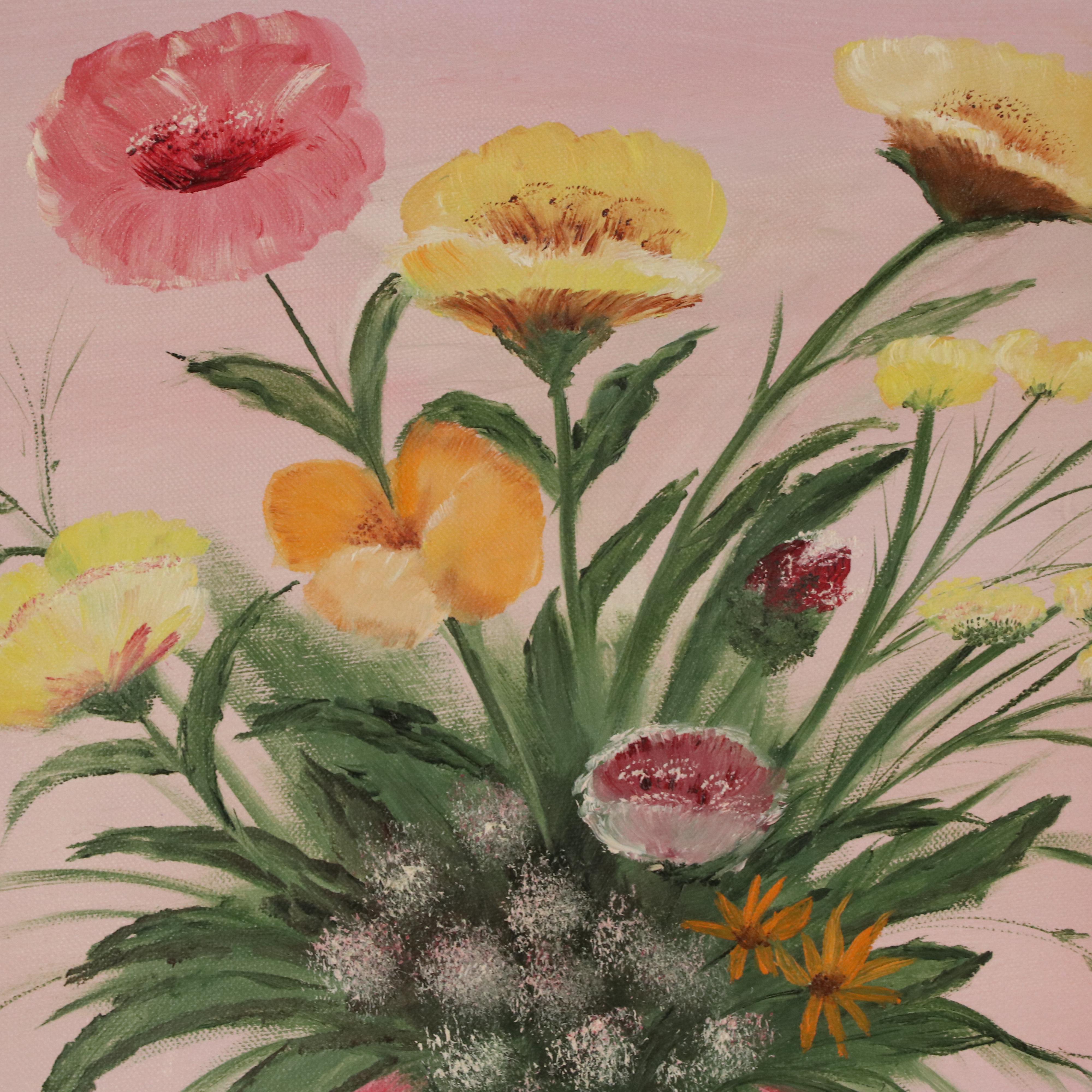 Acrylic Painting of a Still Life with Flowers and Pink Vase, Late 20th Century