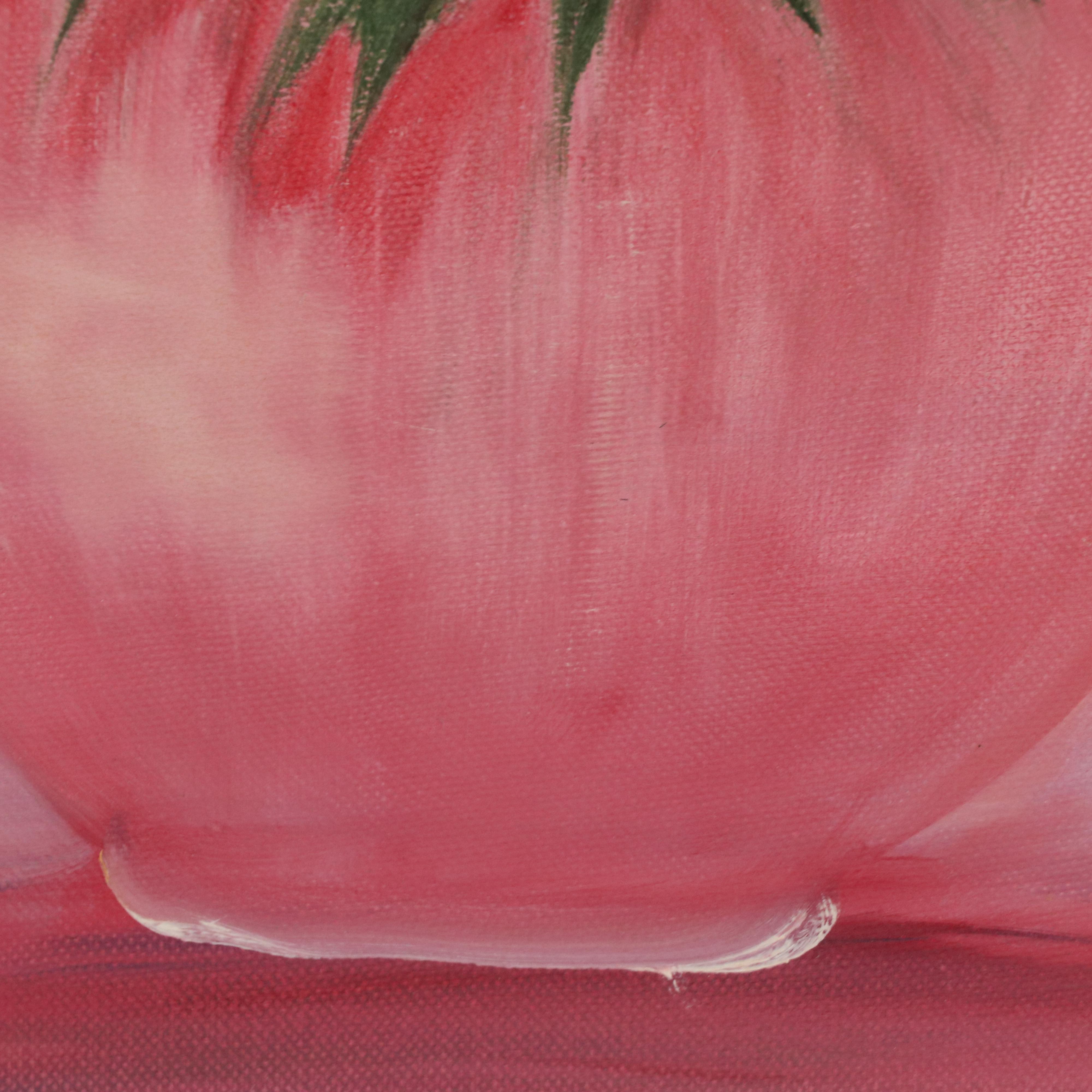 Acrylic Painting of a Still Life with Flowers and Pink Vase, Late 20th Century