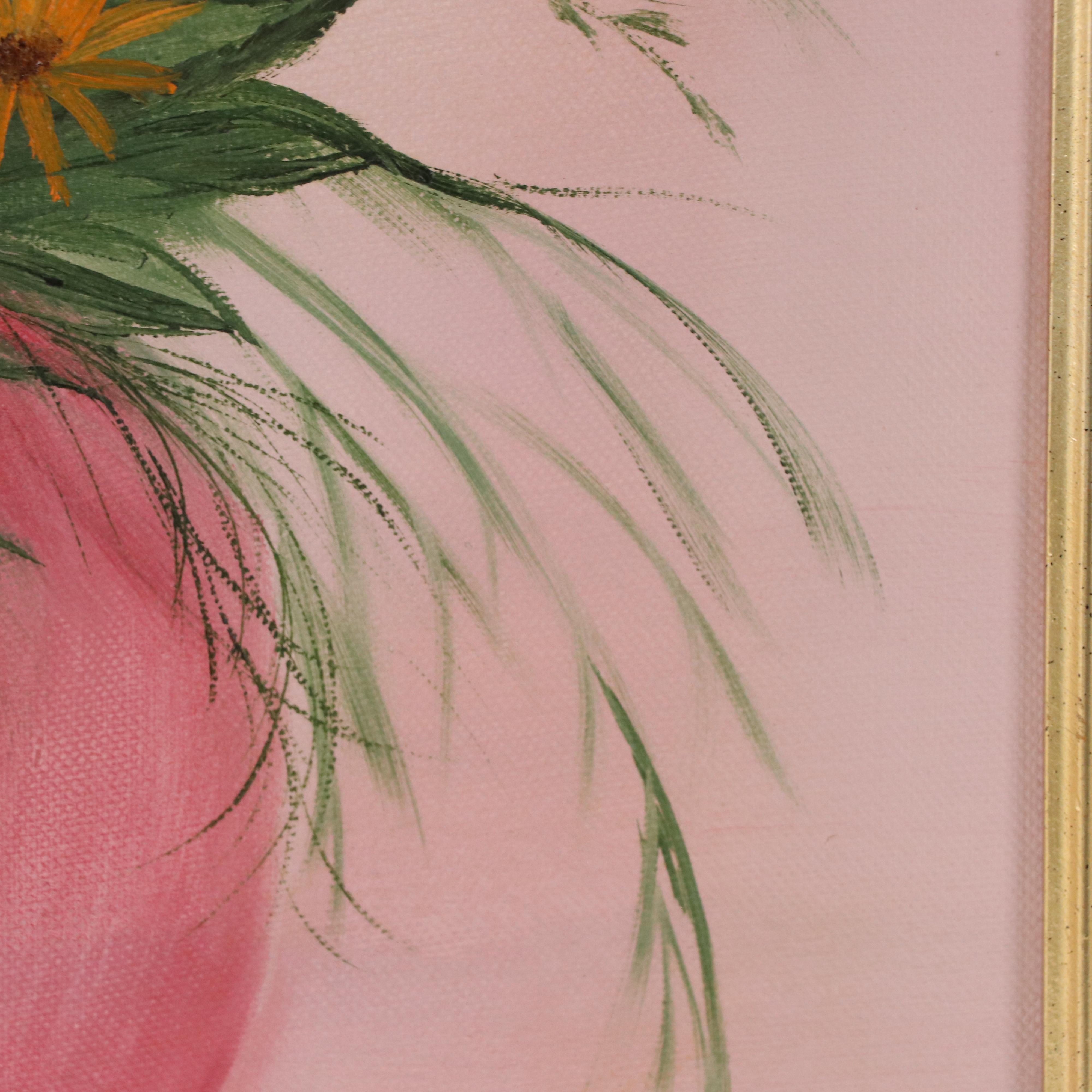 Acrylic Painting of a Still Life with Flowers and Pink Vase, Late 20th Century