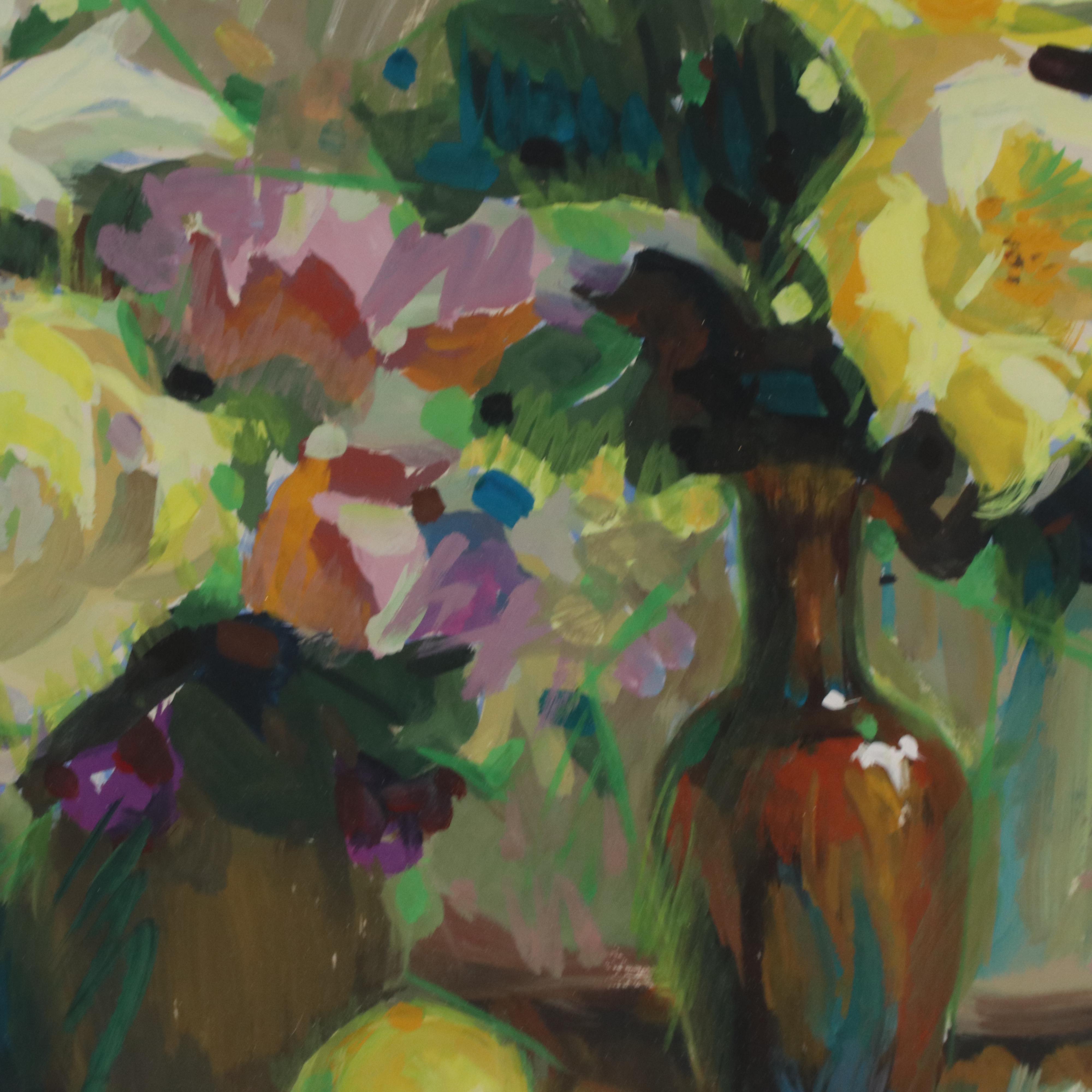 Impressionist Style Gouache Painting of a Still Life with Flowers, 1988