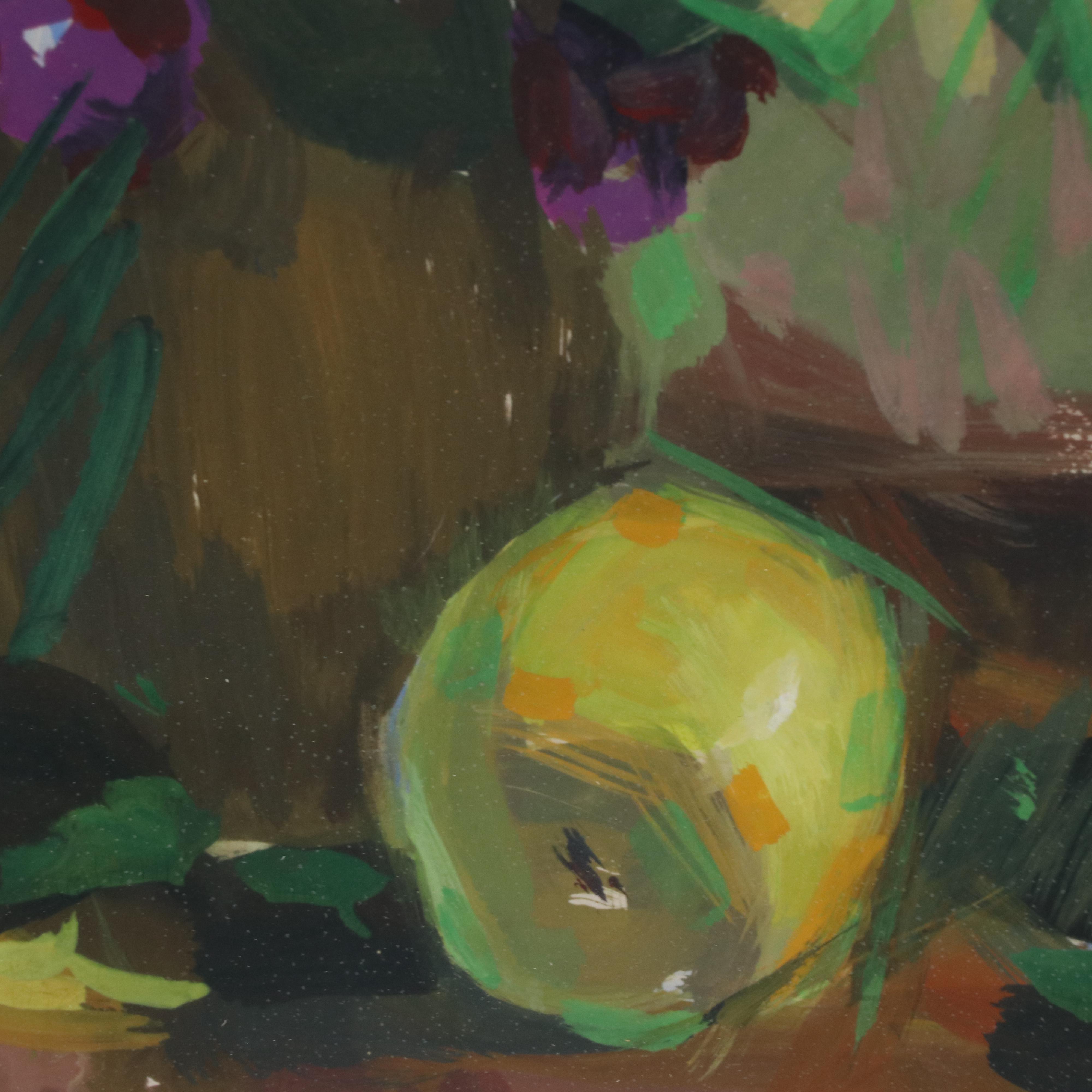 Impressionist Style Gouache Painting of a Still Life with Flowers, 1988