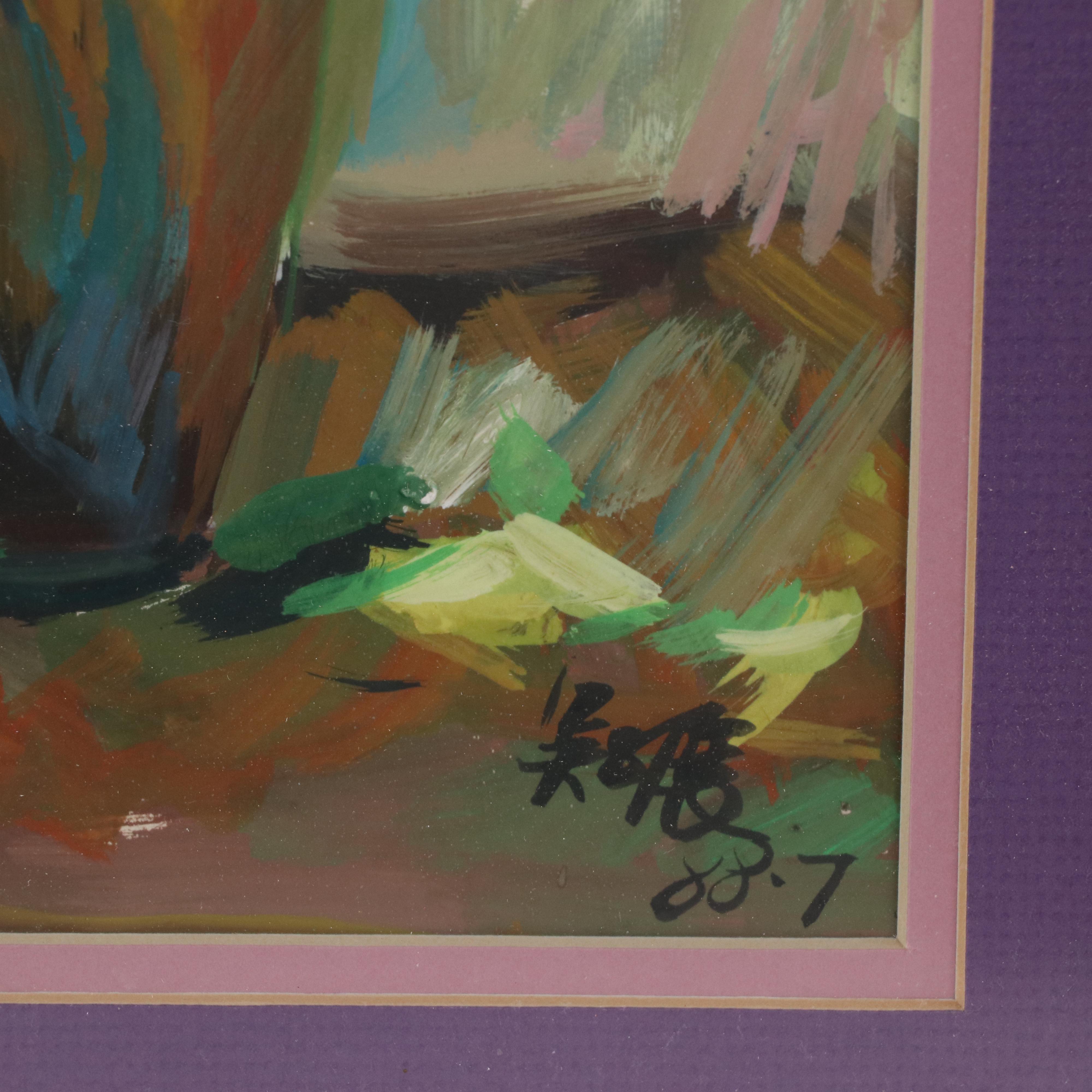 Impressionist Style Gouache Painting of a Still Life with Flowers, 1988