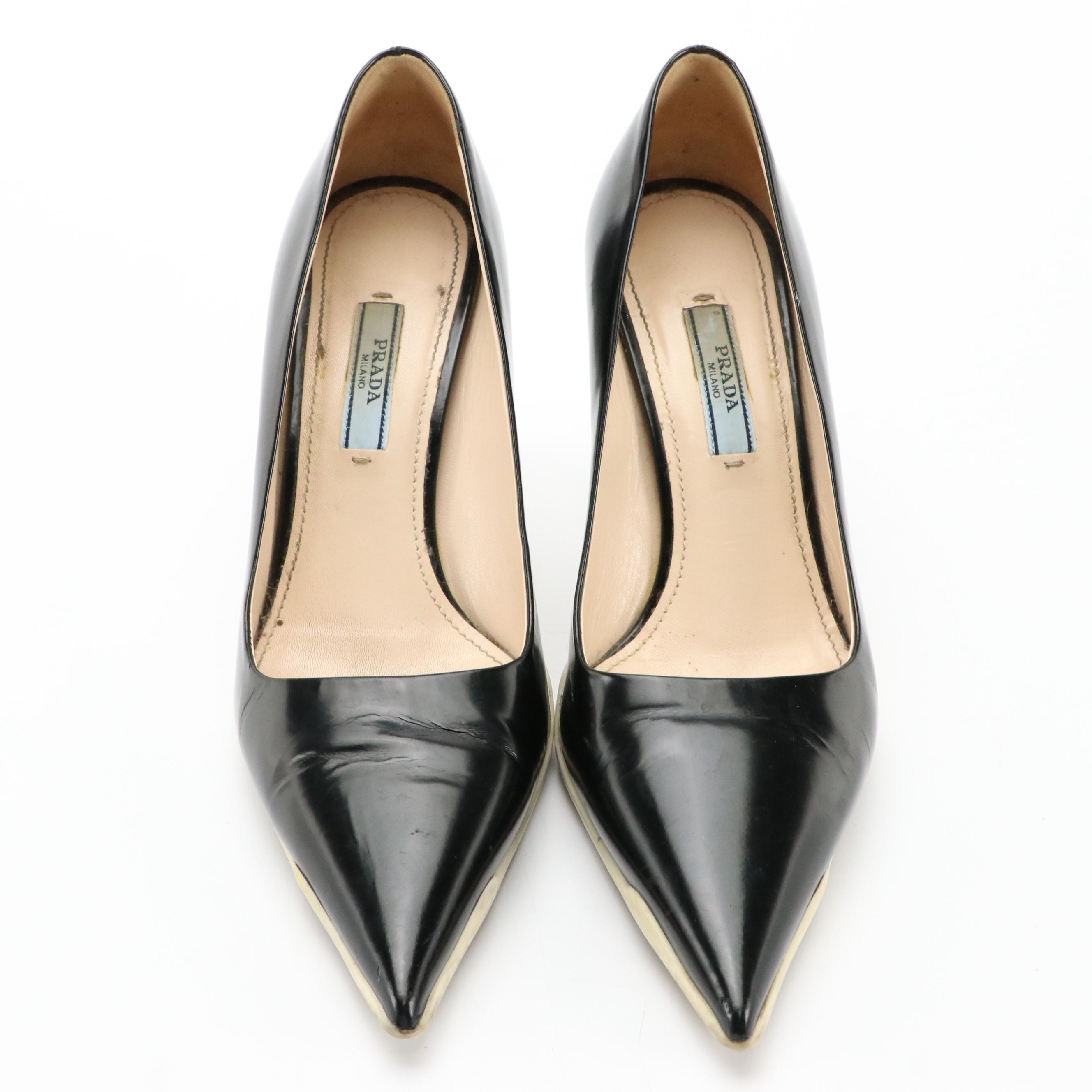 Prada Black Leather Pointed Toe Pumps with White Rubber Sole Accent