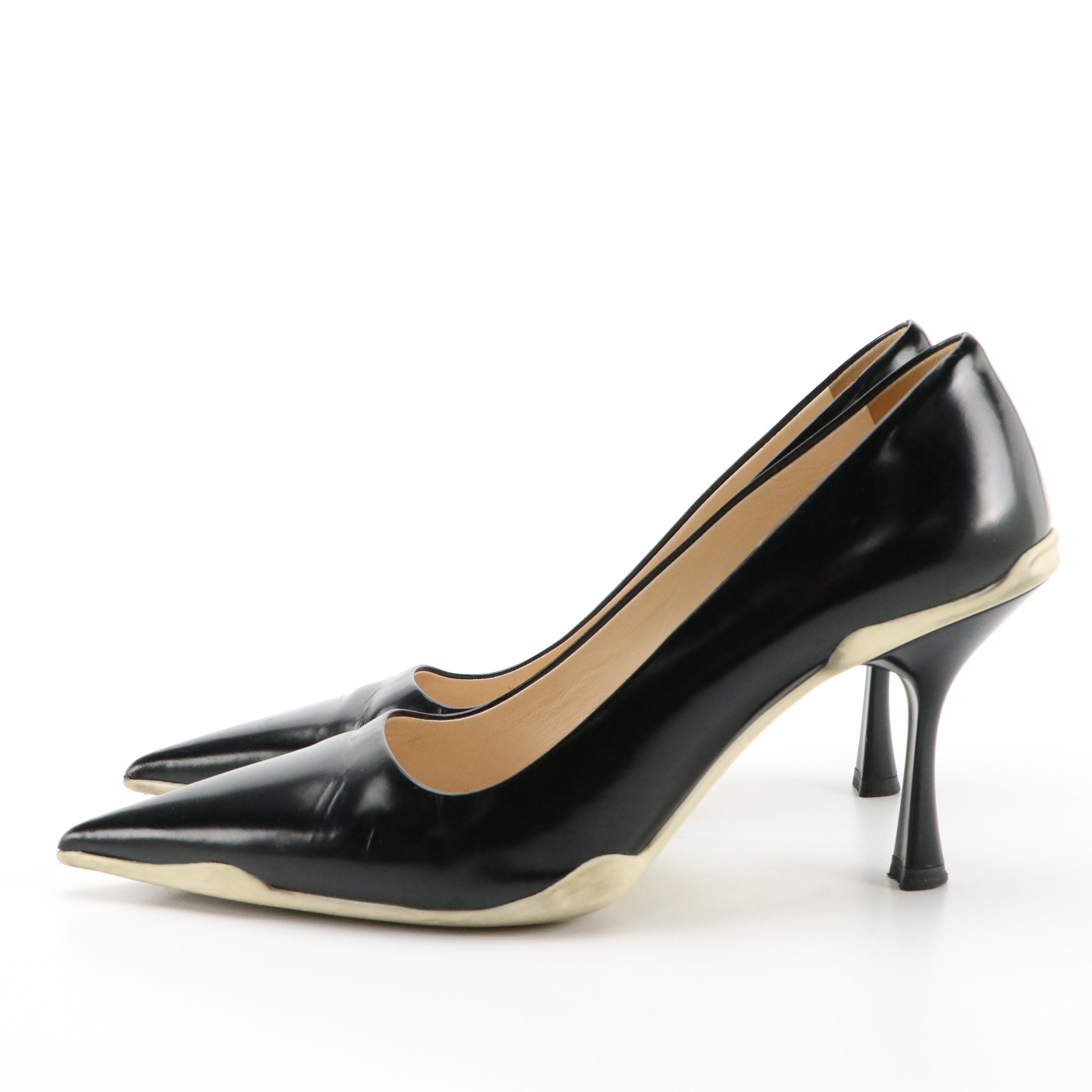 Prada Black Leather Pointed Toe Pumps with White Rubber Sole Accent