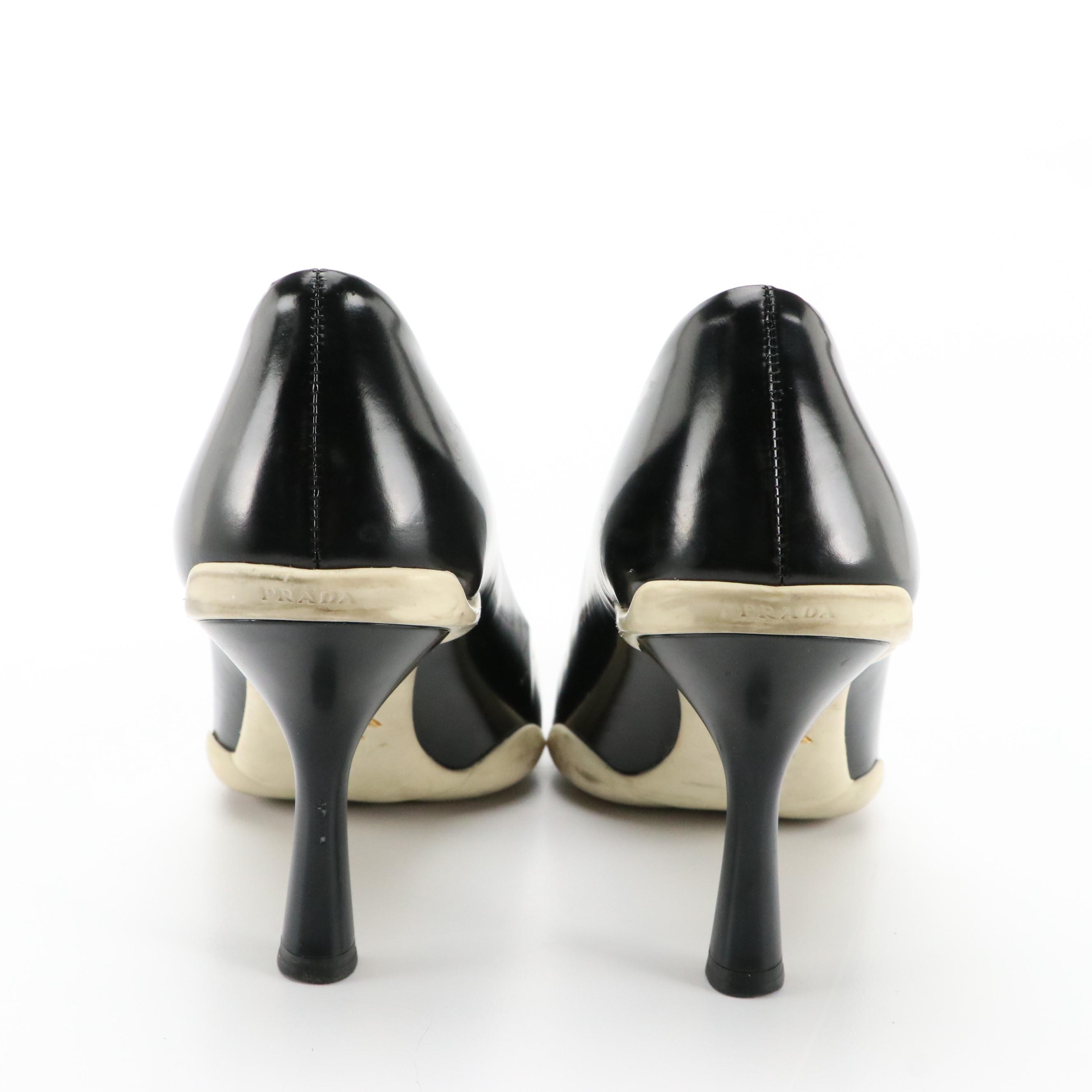 Prada Black Leather Pointed Toe Pumps with White Rubber Sole Accent