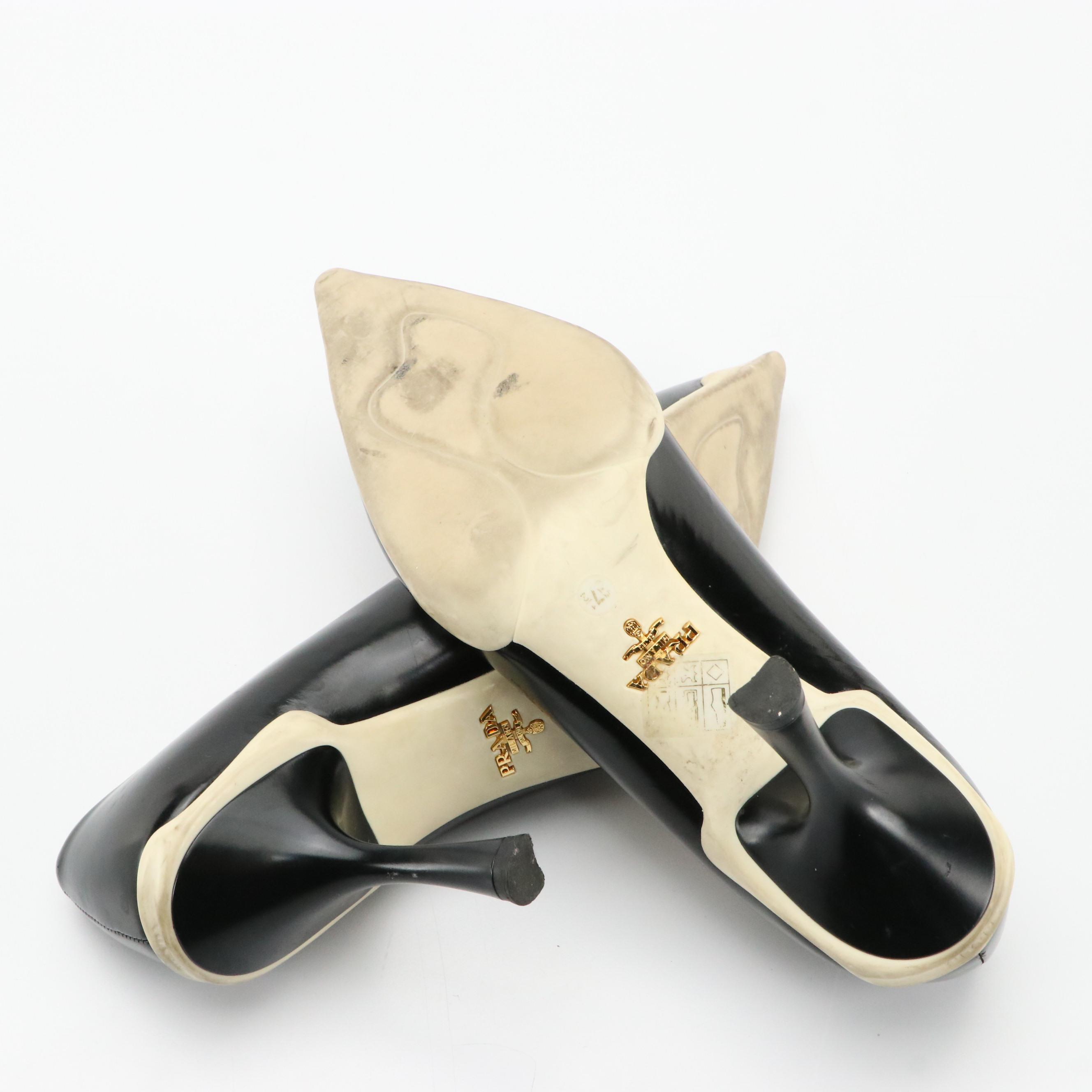 Prada Black Leather Pointed Toe Pumps with White Rubber Sole Accent