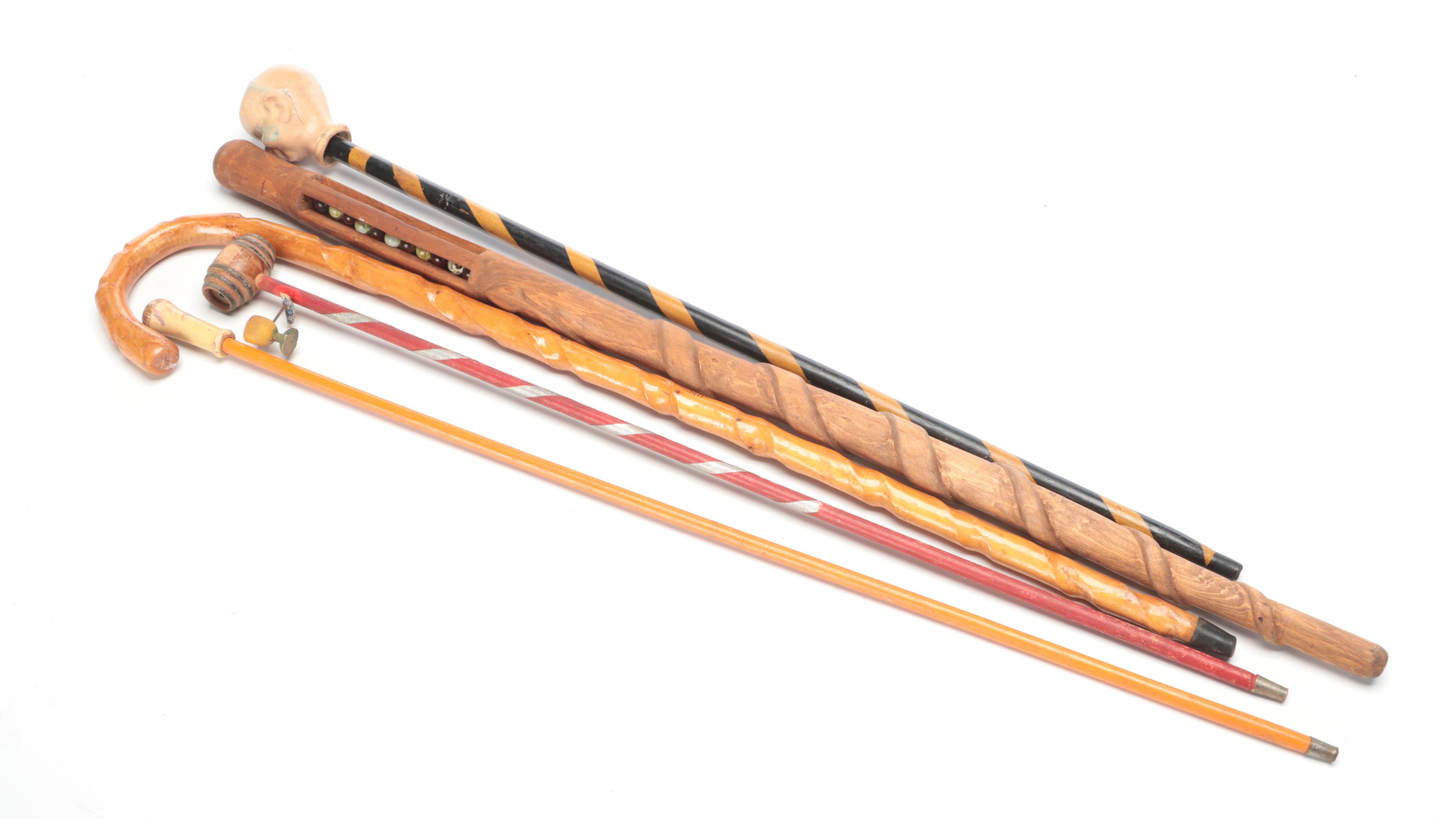 Spiral Vine Cane With Carnival Fair Novelty and Carved Walking Sticks