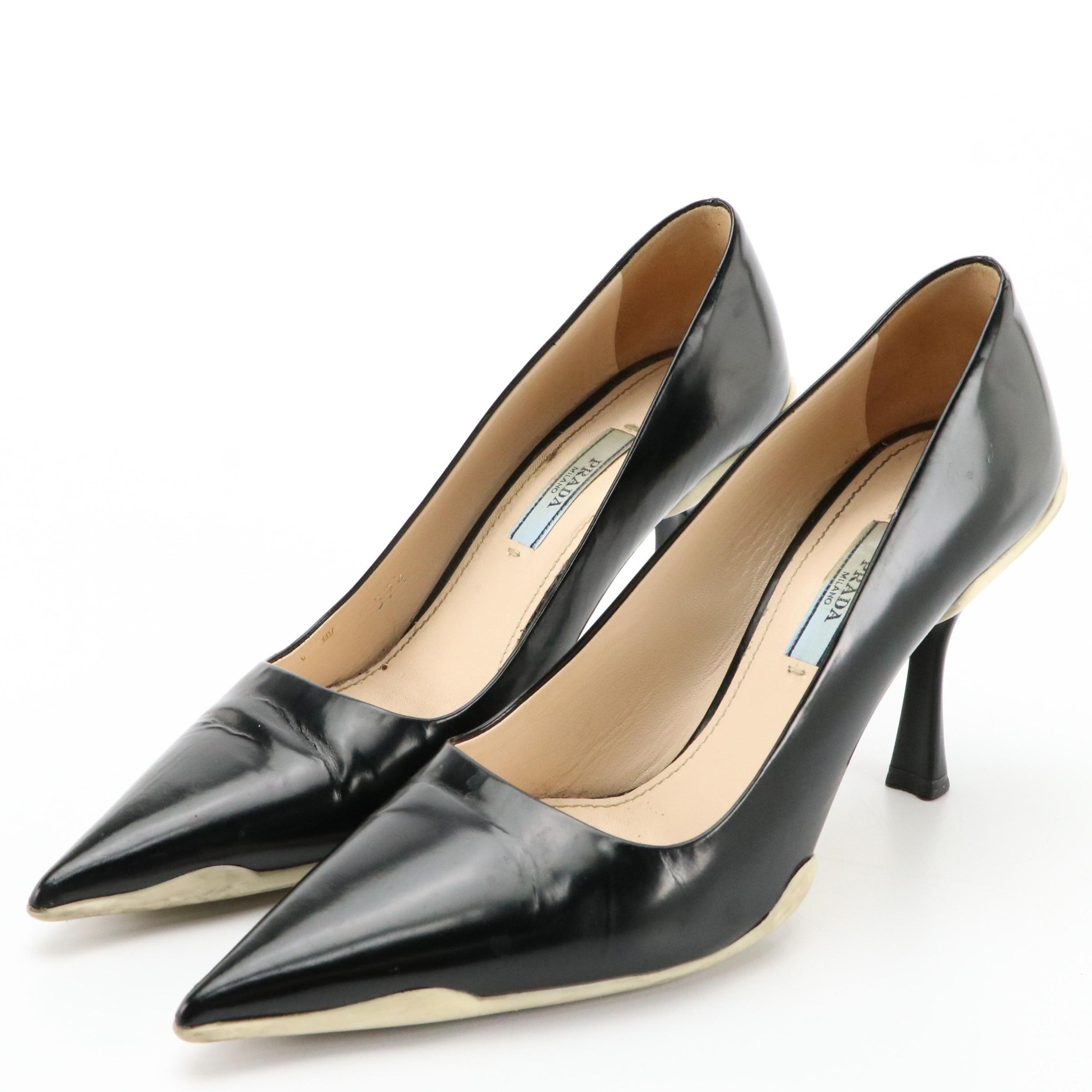 Prada Black Leather Pointed Toe Pumps with White Rubber Sole Accent