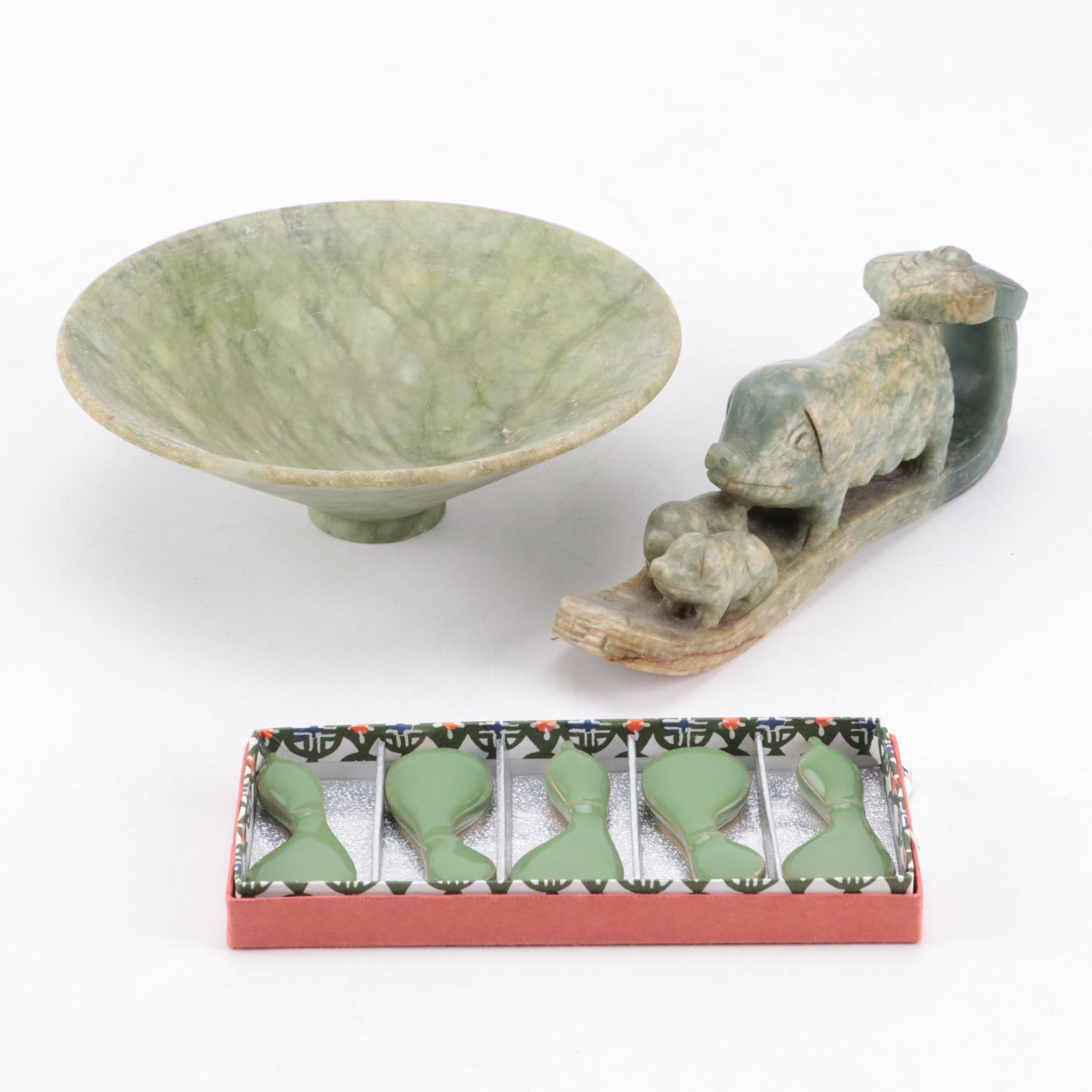 Chinese Hand-Carved Stone Pig Figure and Bowl with Ceramic Chopstick Rests