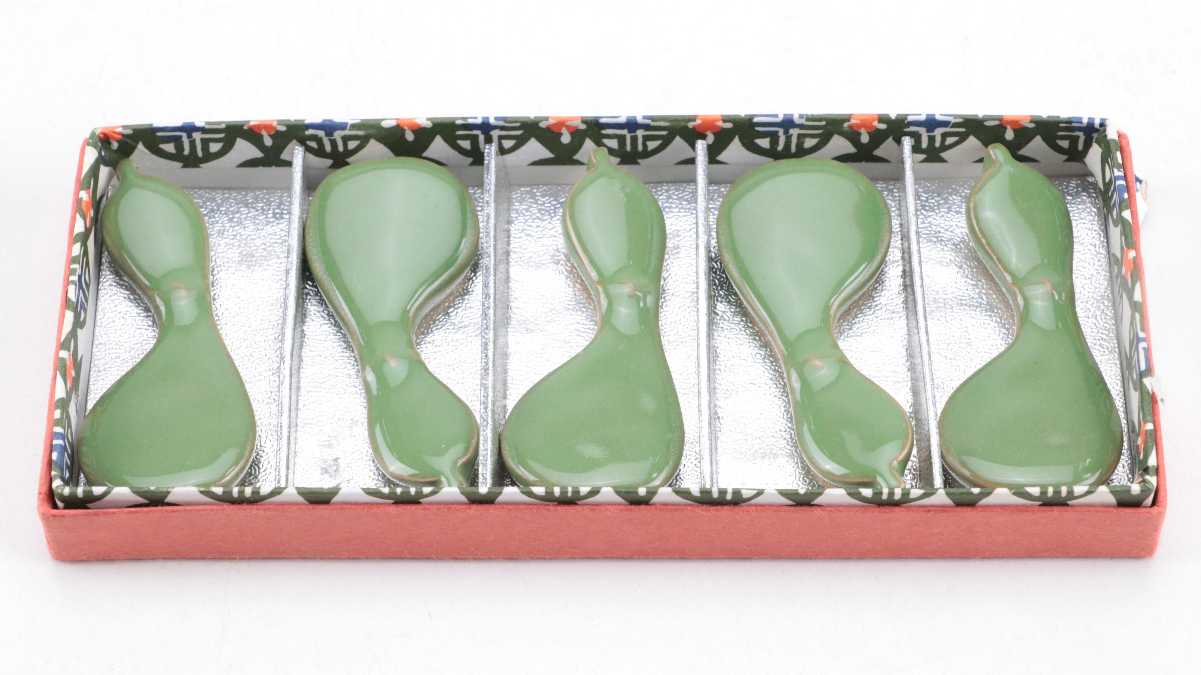 Chinese Hand-Carved Stone Pig Figure and Bowl with Ceramic Chopstick Rests