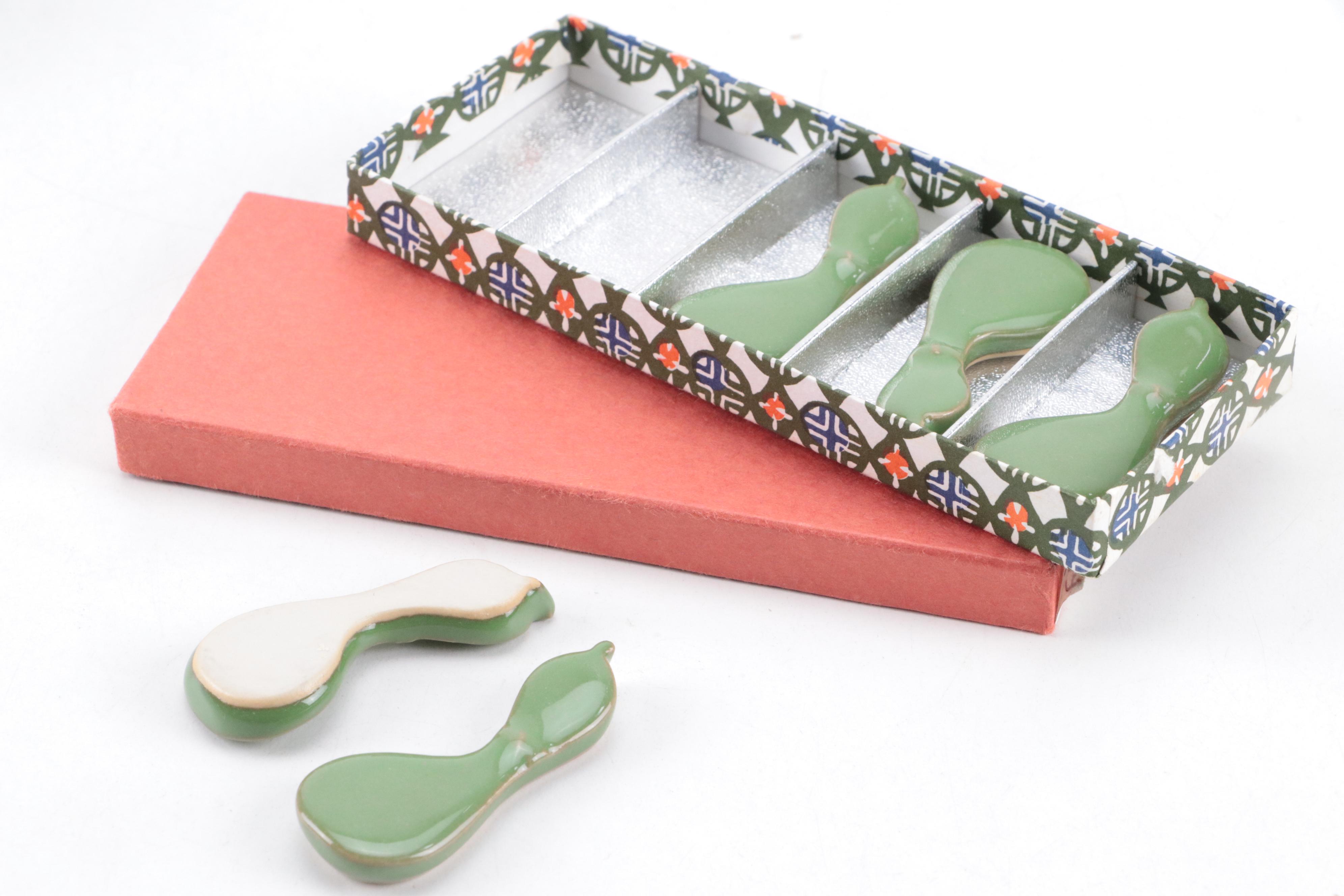 Chinese Hand-Carved Stone Pig Figure and Bowl with Ceramic Chopstick Rests