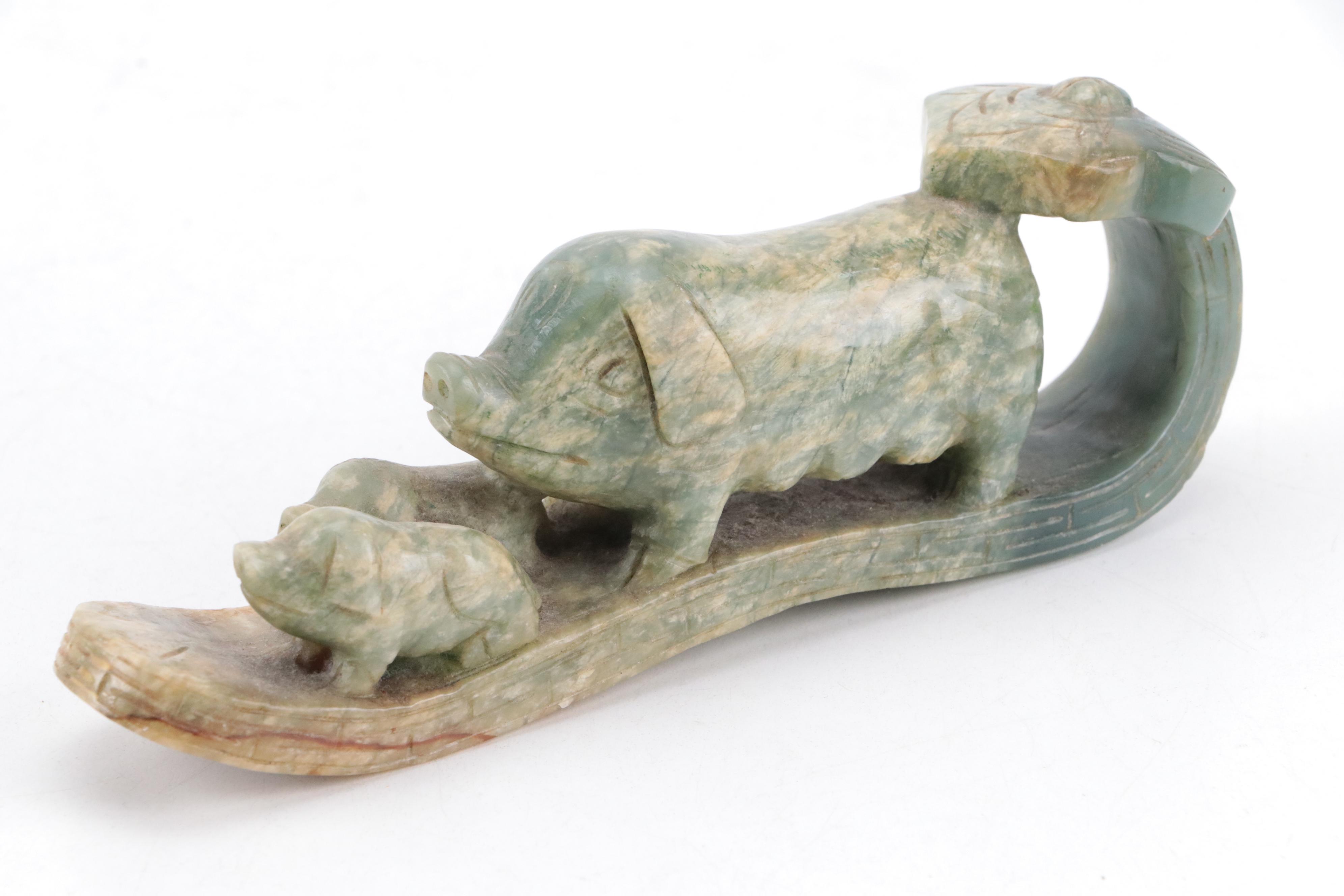 Chinese Hand-Carved Stone Pig Figure and Bowl with Ceramic Chopstick Rests