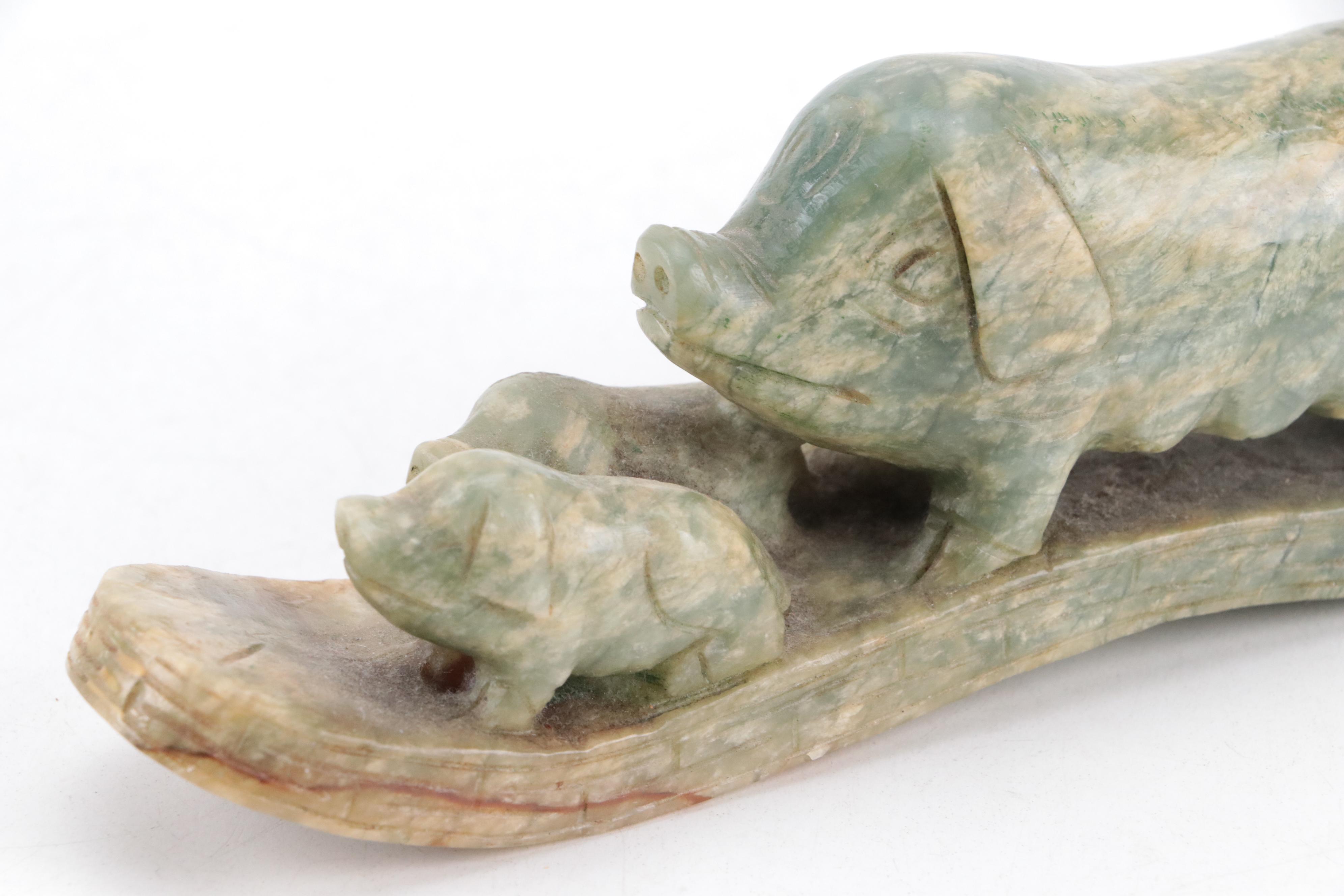 Chinese Hand-Carved Stone Pig Figure and Bowl with Ceramic Chopstick Rests