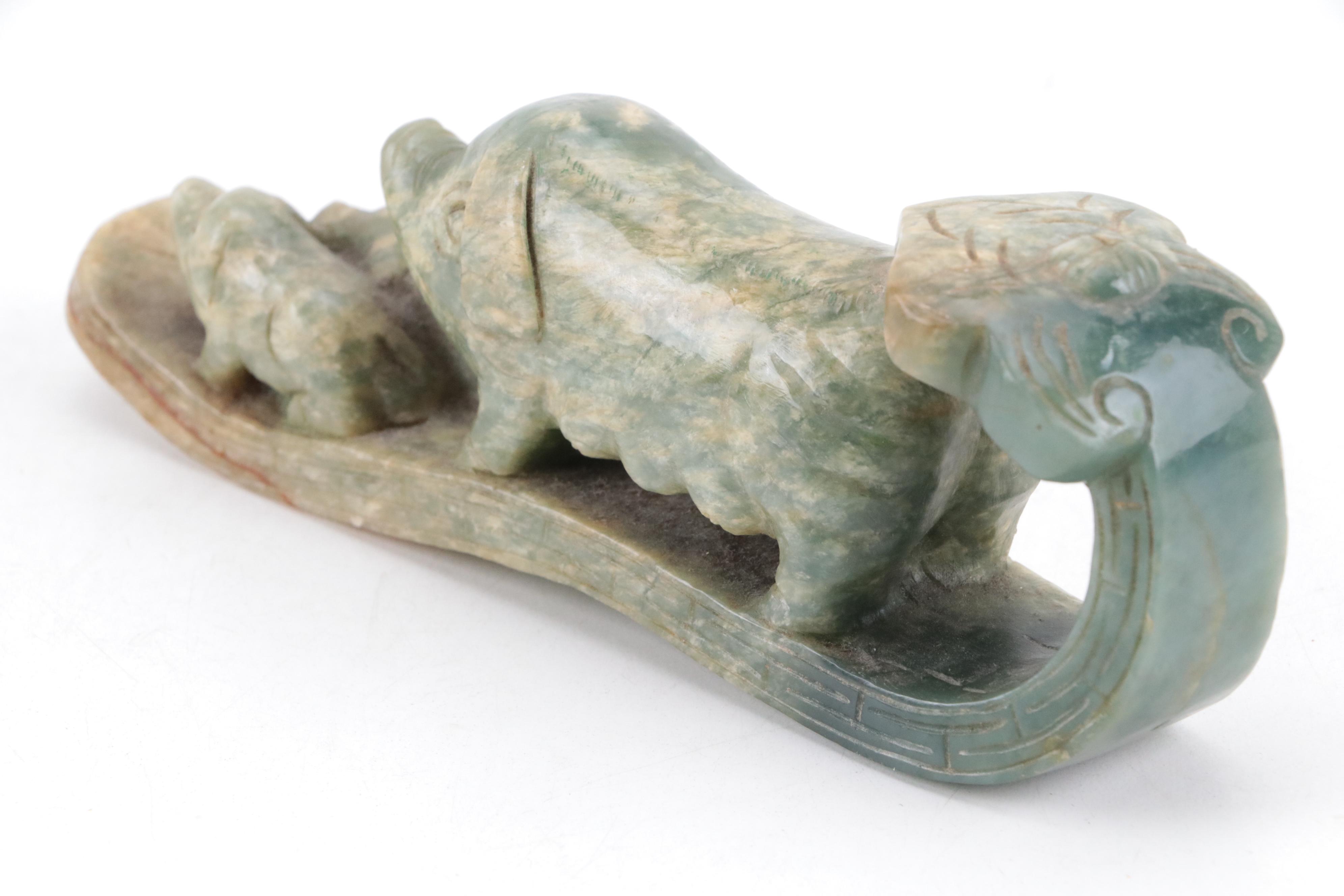 Chinese Hand-Carved Stone Pig Figure and Bowl with Ceramic Chopstick Rests