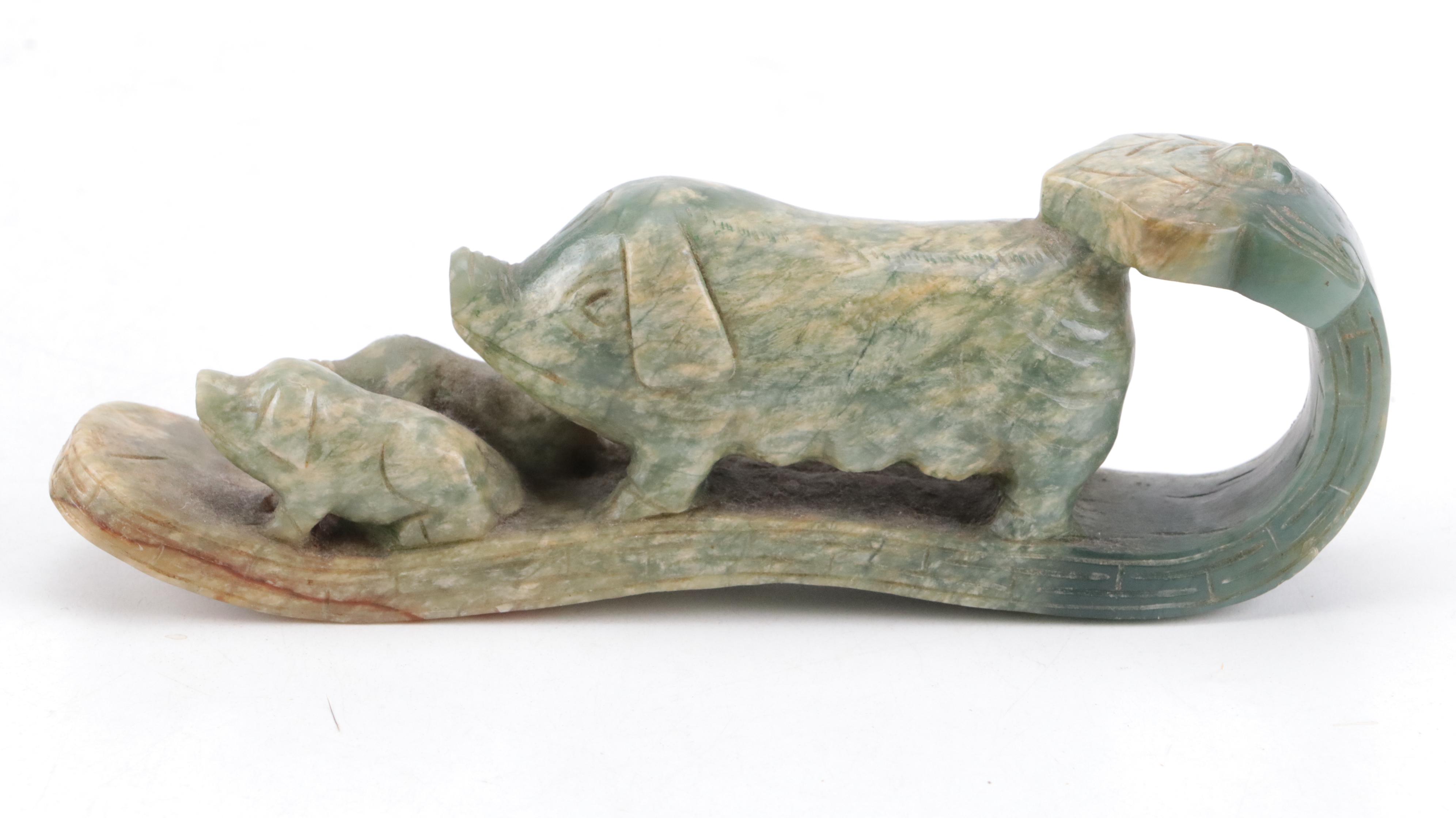 Chinese Hand-Carved Stone Pig Figure and Bowl with Ceramic Chopstick Rests