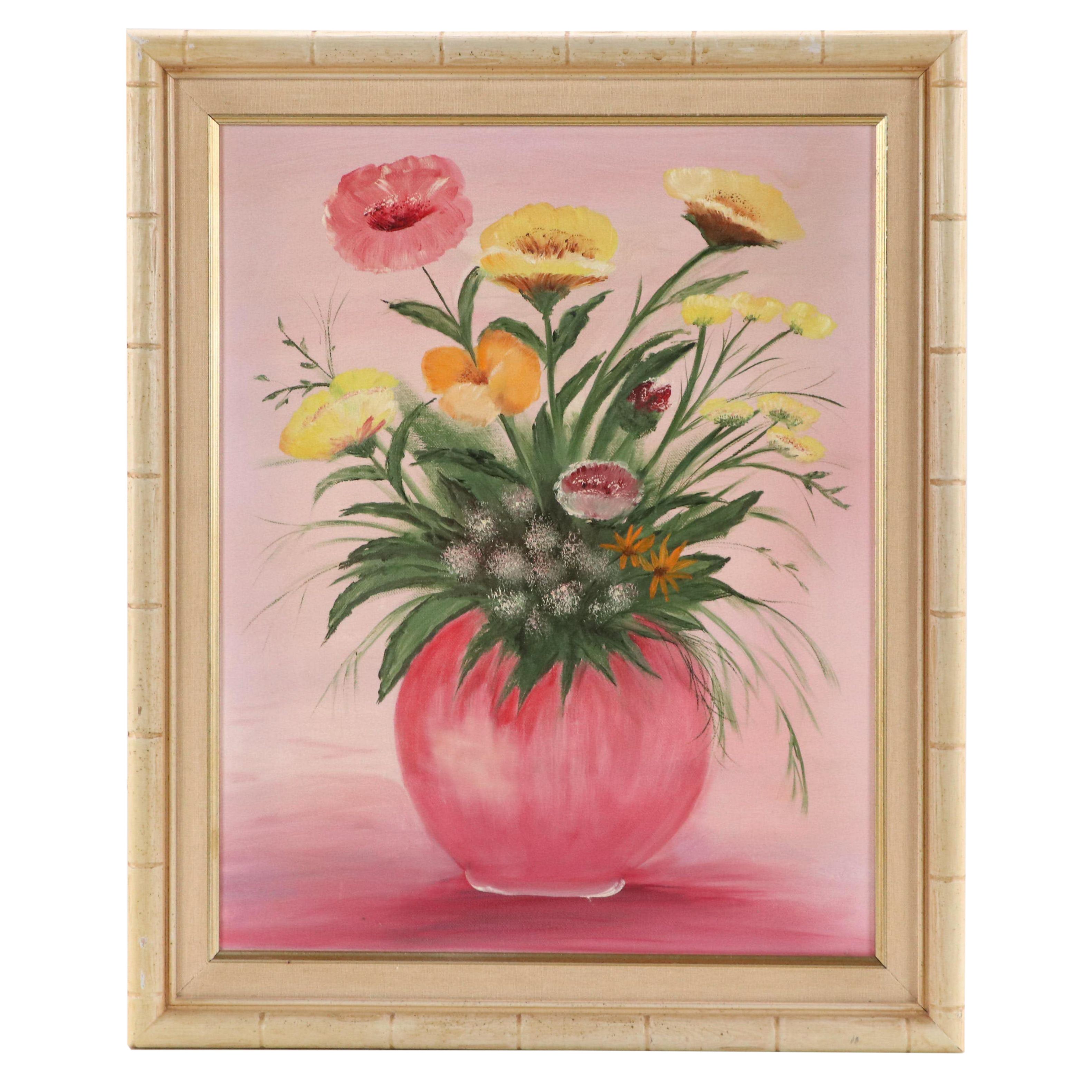 Acrylic Painting of a Still Life with Flowers and Pink Vase, Late 20th Century
