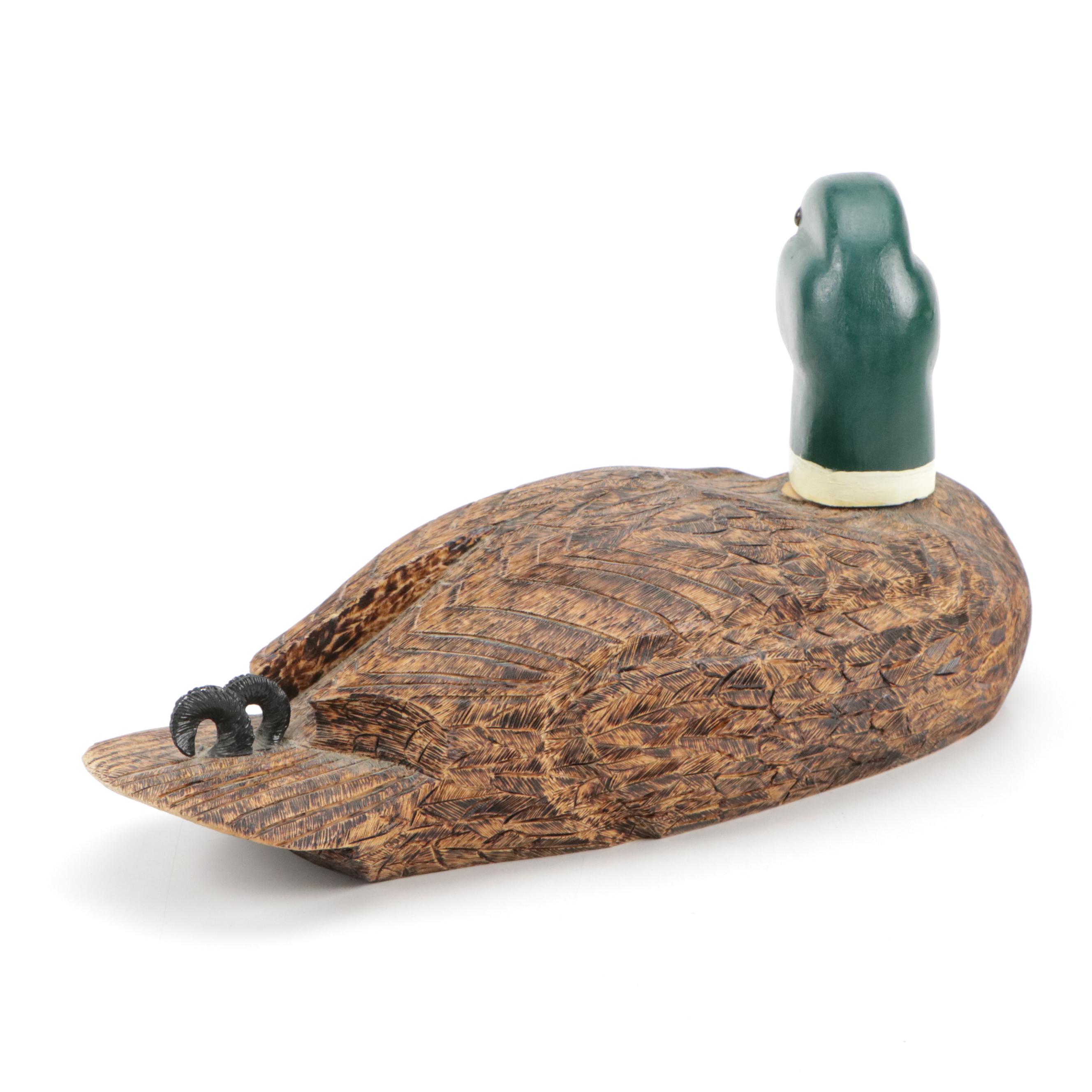Signed Hand-Carved Wooden Duck Decoy Figurine, 2003