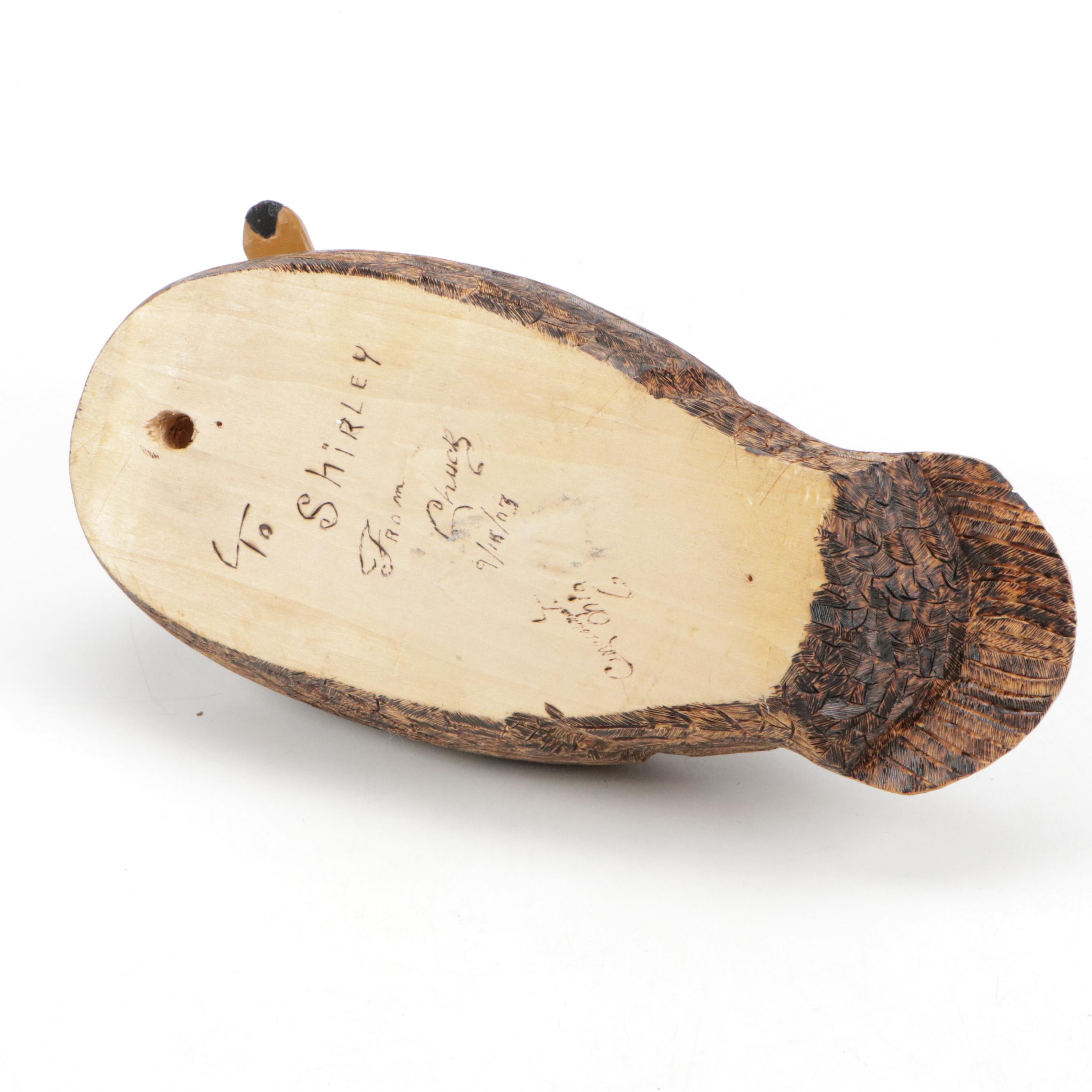 Signed Hand-Carved Wooden Duck Decoy Figurine, 2003