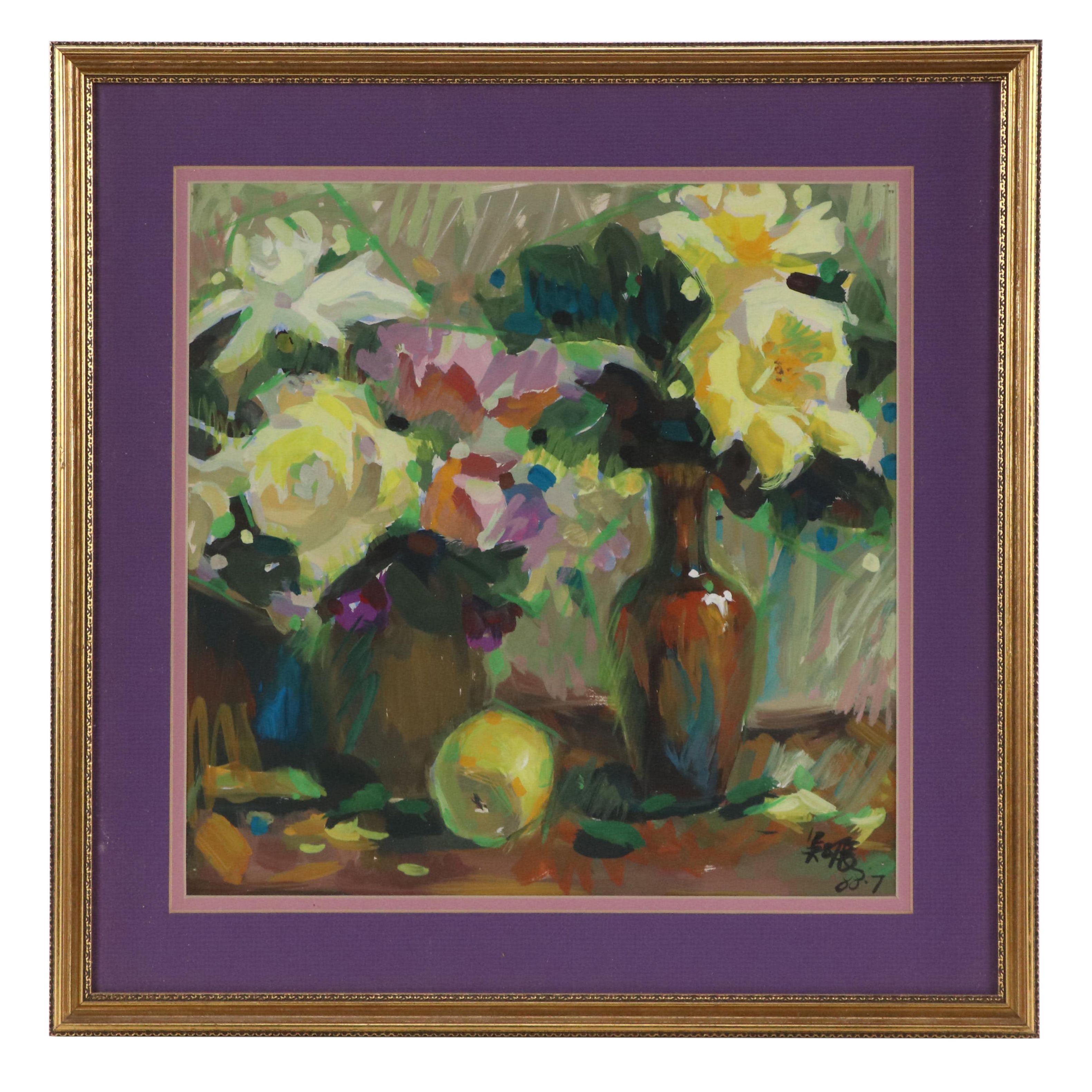 Impressionist Style Gouache Painting of a Still Life with Flowers, 1988